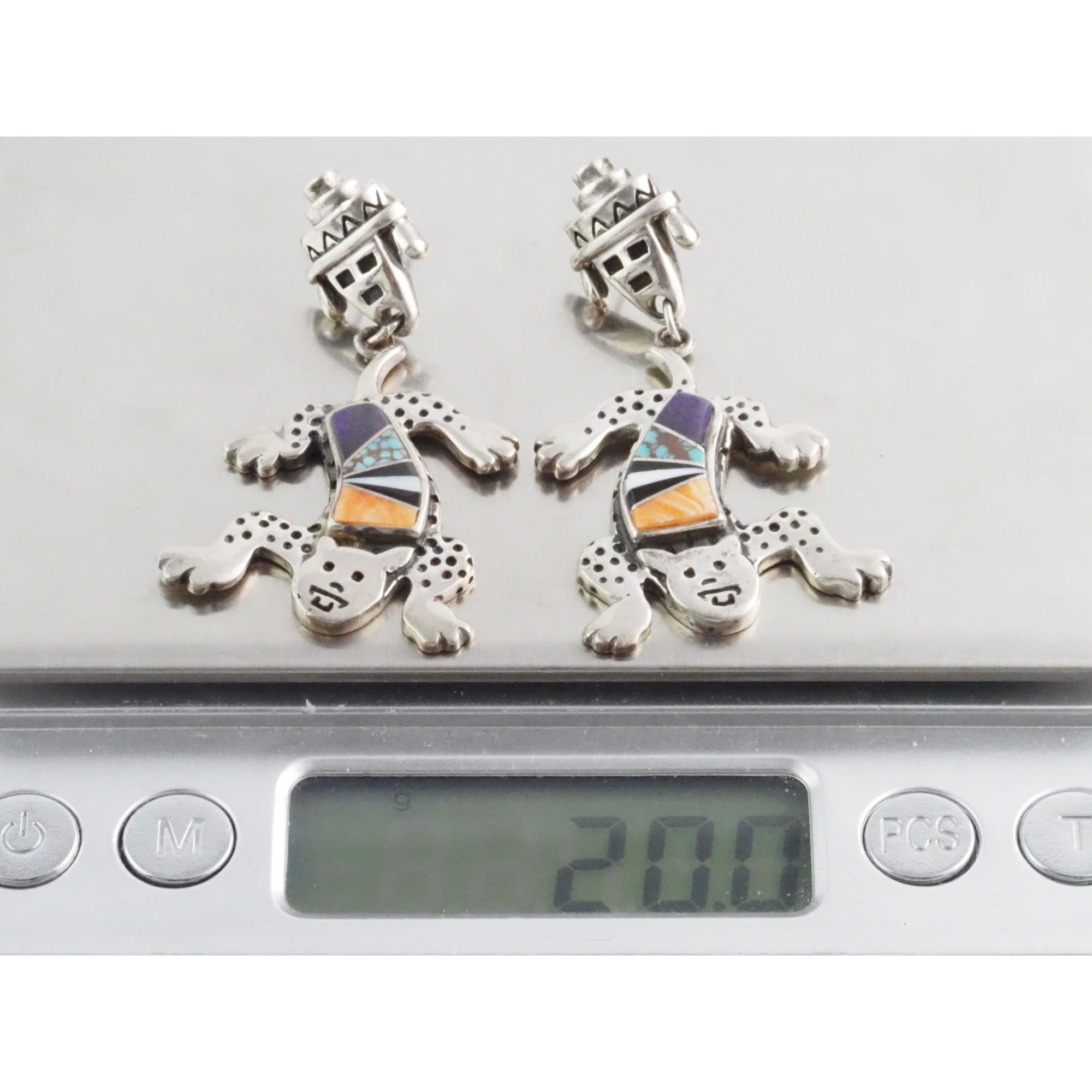 NA Zuni Rock Kritters Sterling Silver Gem Inlay Big Cat Earrings 20g 2 Inches