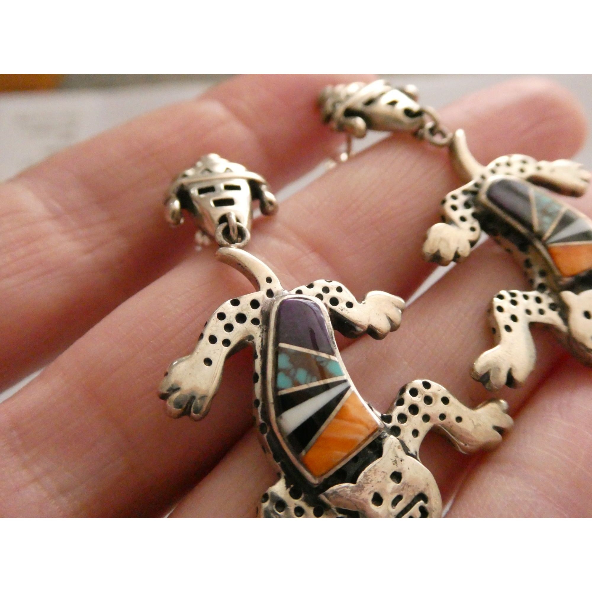 NA Zuni Rock Kritters Sterling Silver Gem Inlay Big Cat Earrings 20g 2 Inches
