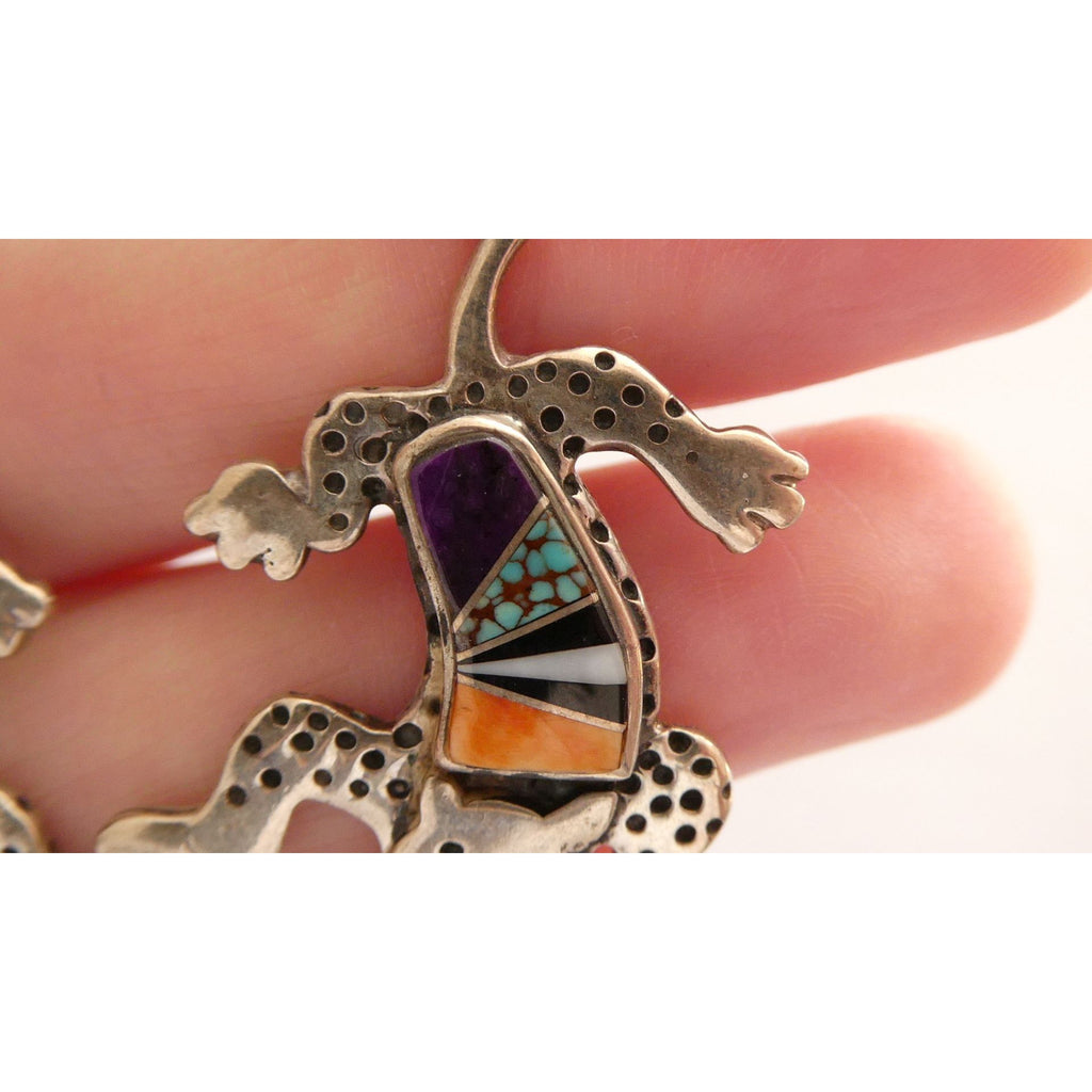 NA Zuni Rock Kritters Sterling Silver Gem Inlay Big Cat Earrings 20g 2 Inches