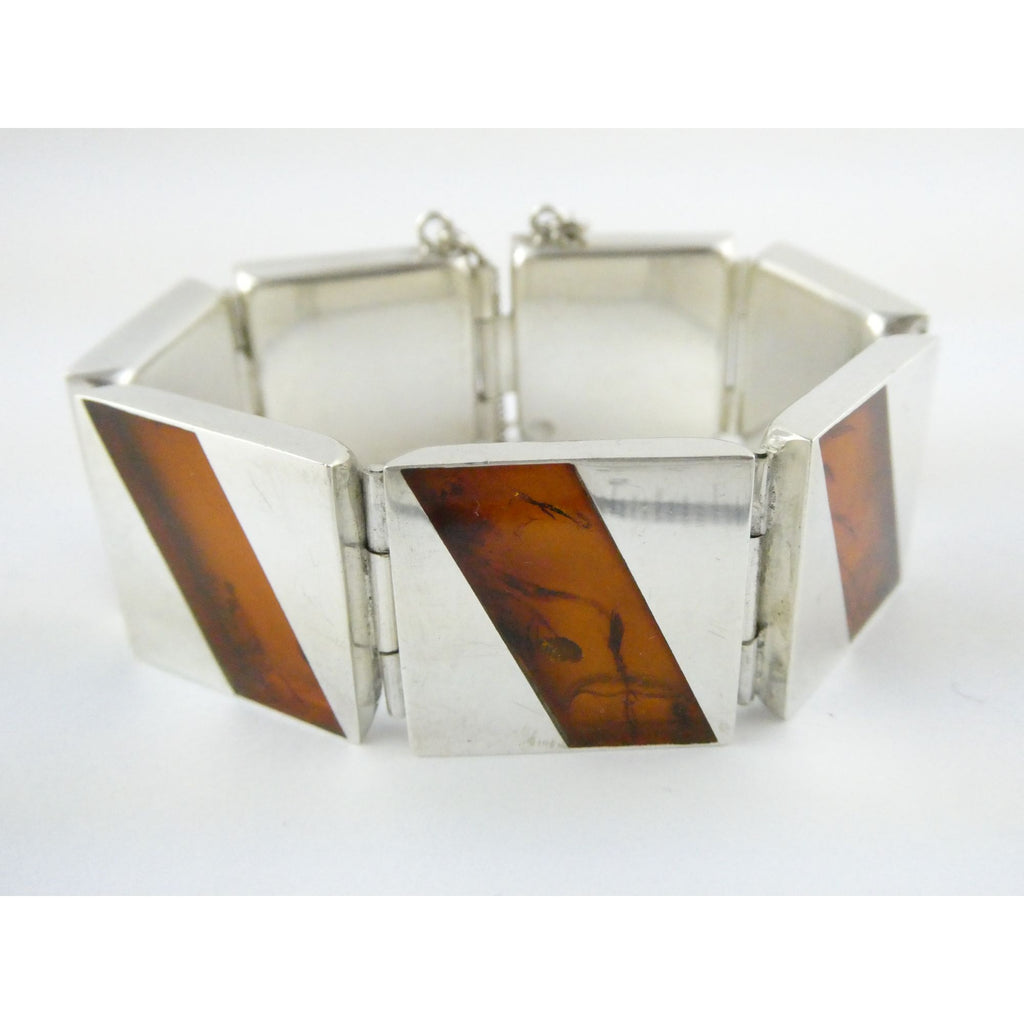 Vintage Polish Sterling Silver Amber Inlay Panel Bracelet w Safety Chain 7.25 In