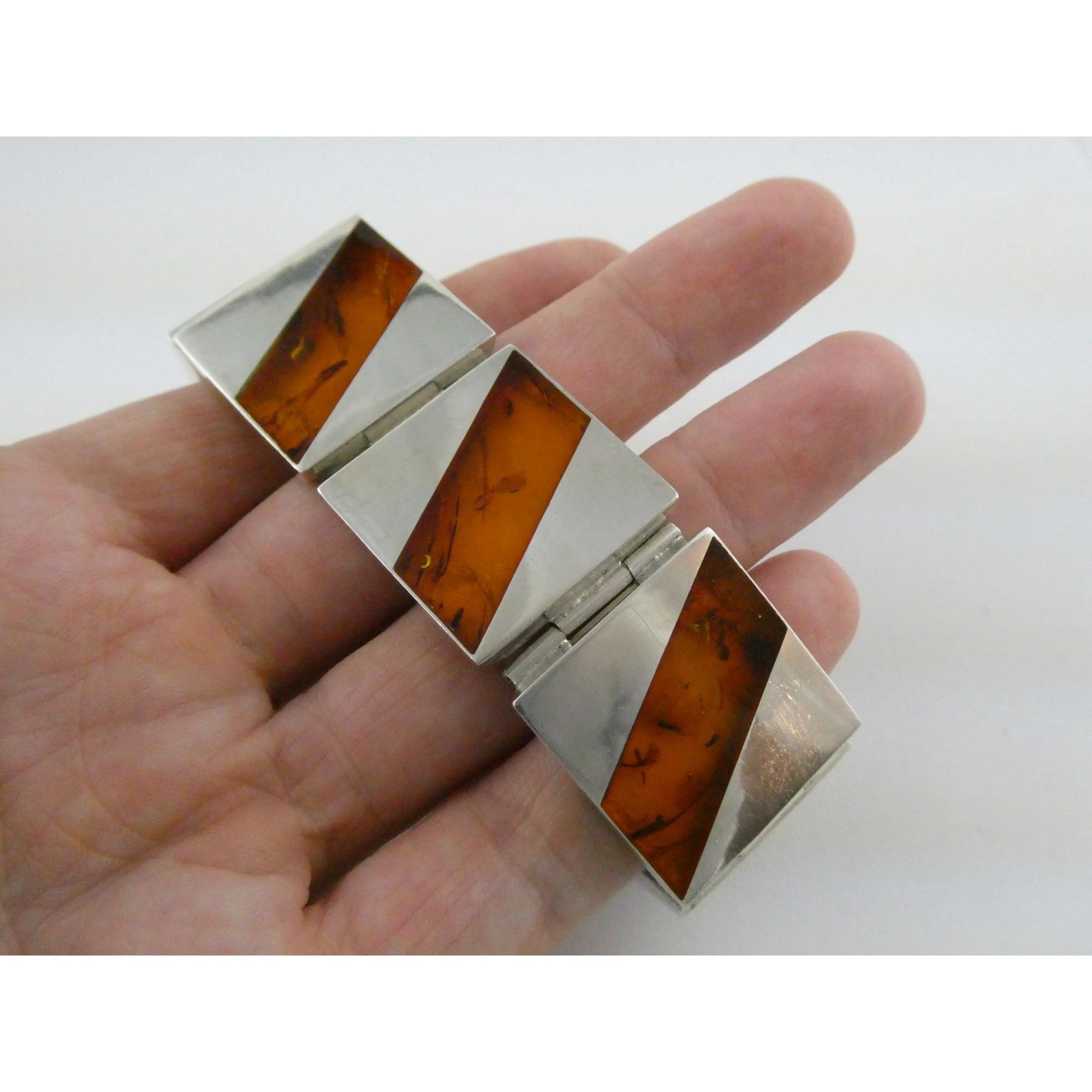 Vintage Polish Sterling Silver Amber Inlay Panel Bracelet w Safety Chain 7.25 In