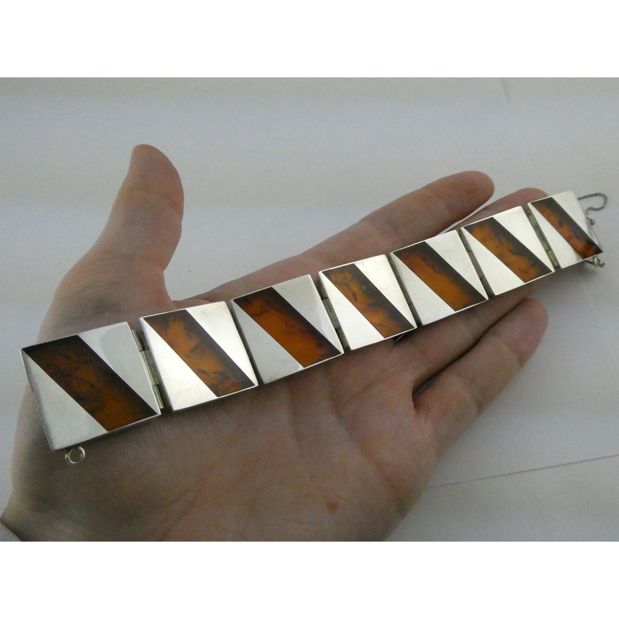 Vintage Polish Sterling Silver Amber Inlay Panel Bracelet w Safety Chain 7.25 In