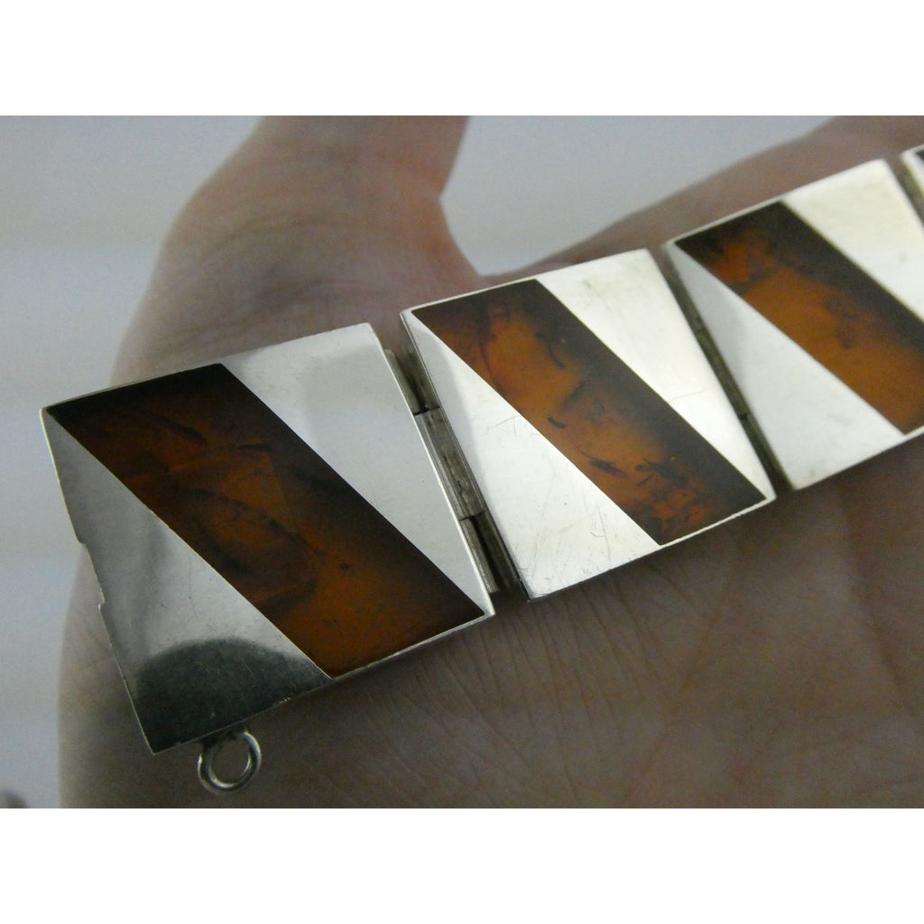 Vintage Polish Sterling Silver Amber Inlay Panel Bracelet w Safety Chain 7.25 In