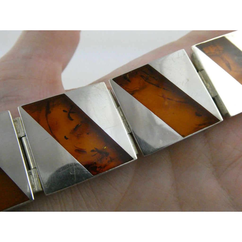 Vintage Polish Sterling Silver Amber Inlay Panel Bracelet w Safety Chain 7.25 In