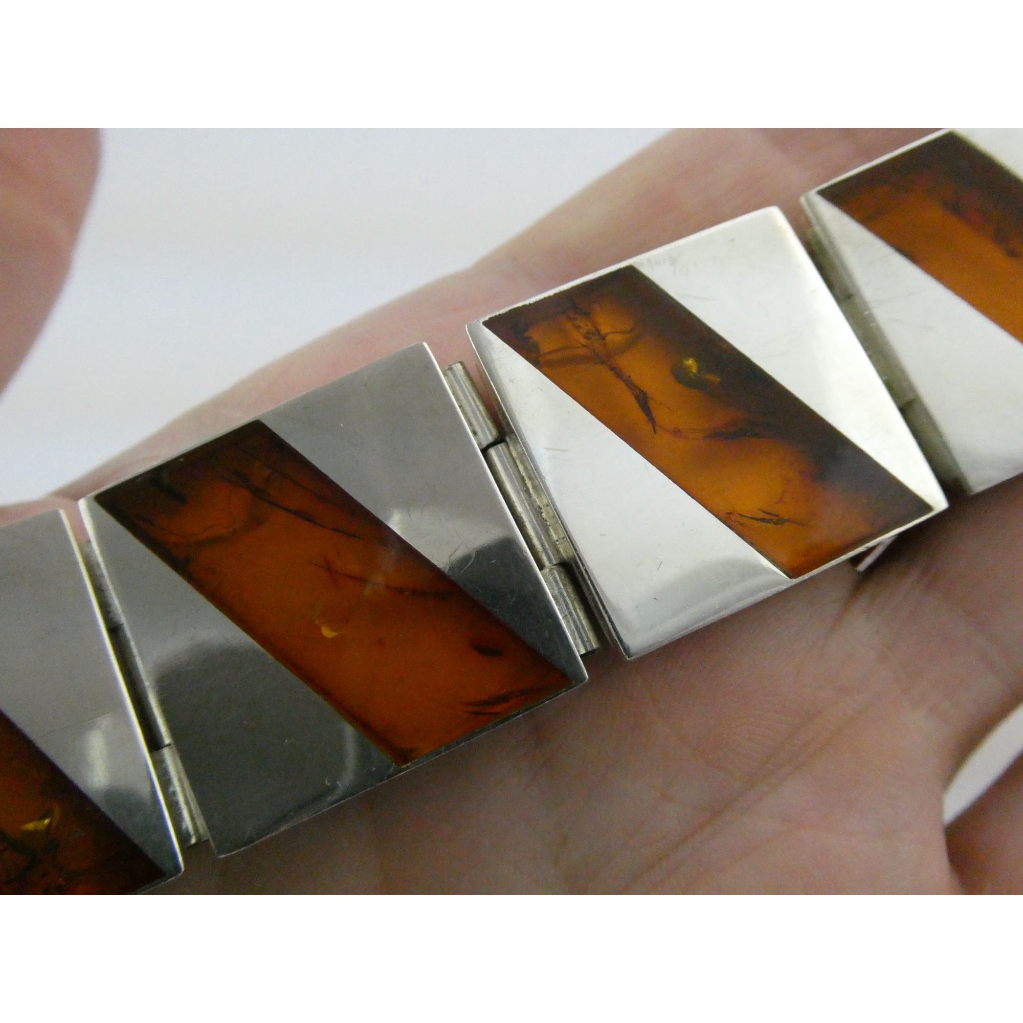 Vintage Polish Sterling Silver Amber Inlay Panel Bracelet w Safety Chain 7.25 In