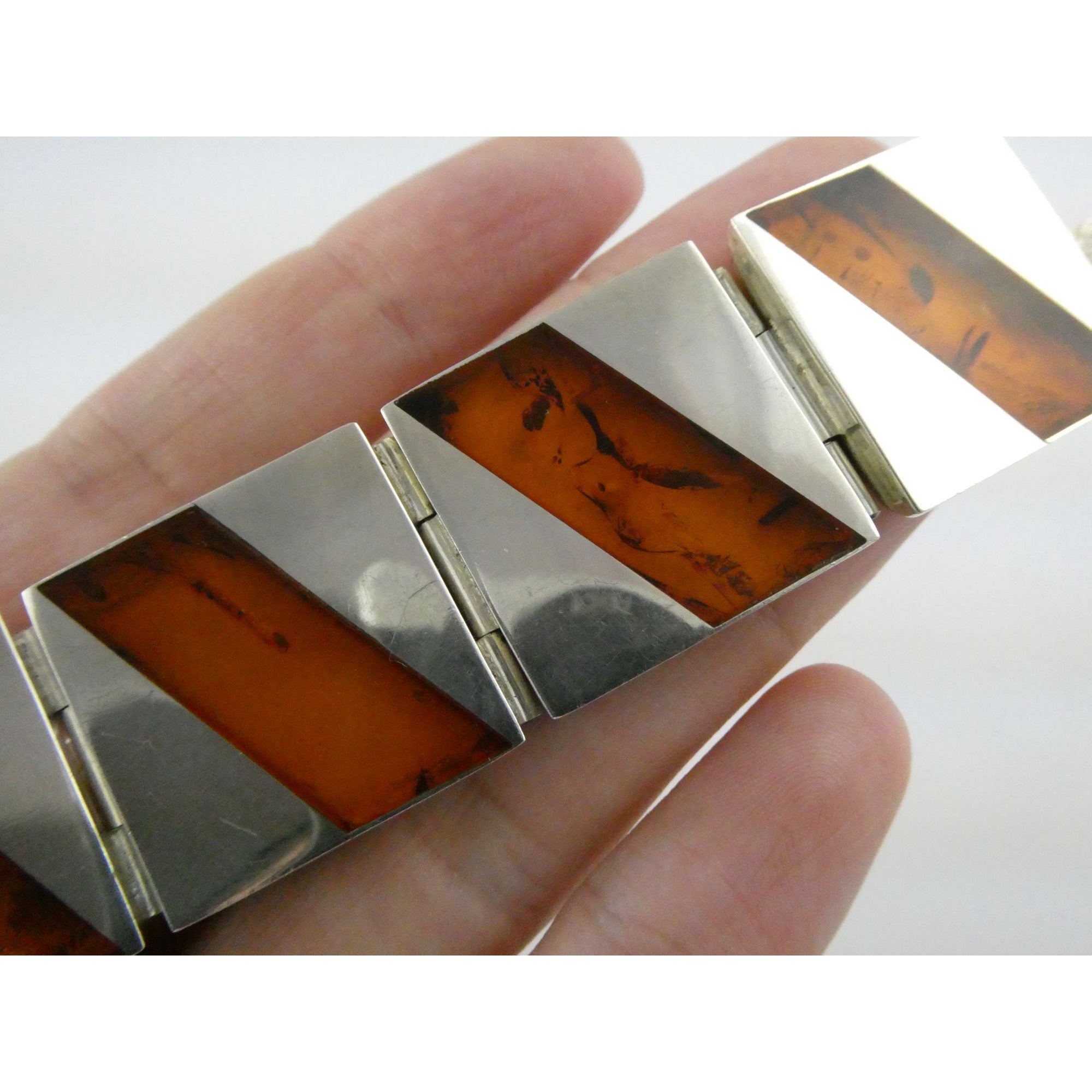 Vintage Polish Sterling Silver Amber Inlay Panel Bracelet w Safety Chain 7.25 In