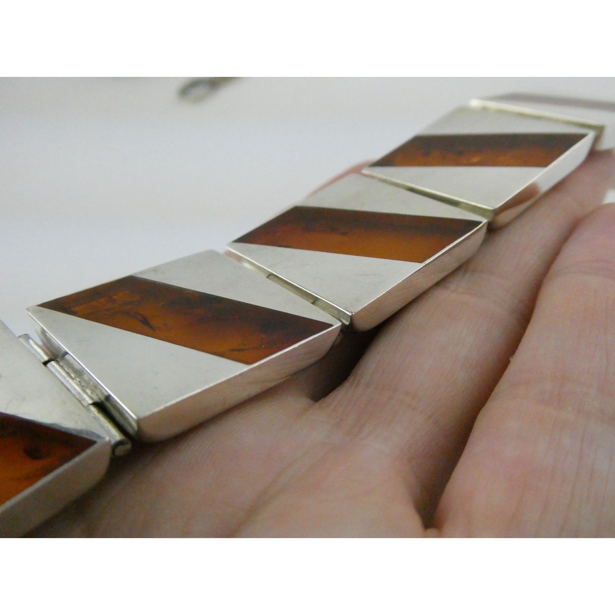 Vintage Polish Sterling Silver Amber Inlay Panel Bracelet w Safety Chain 7.25 In