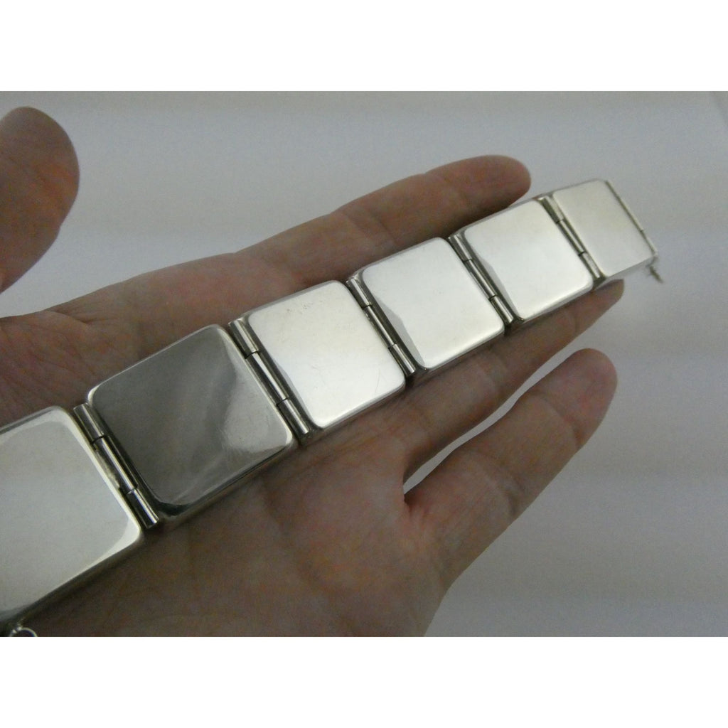 Vintage Polish Sterling Silver Amber Inlay Panel Bracelet w Safety Chain 7.25 In