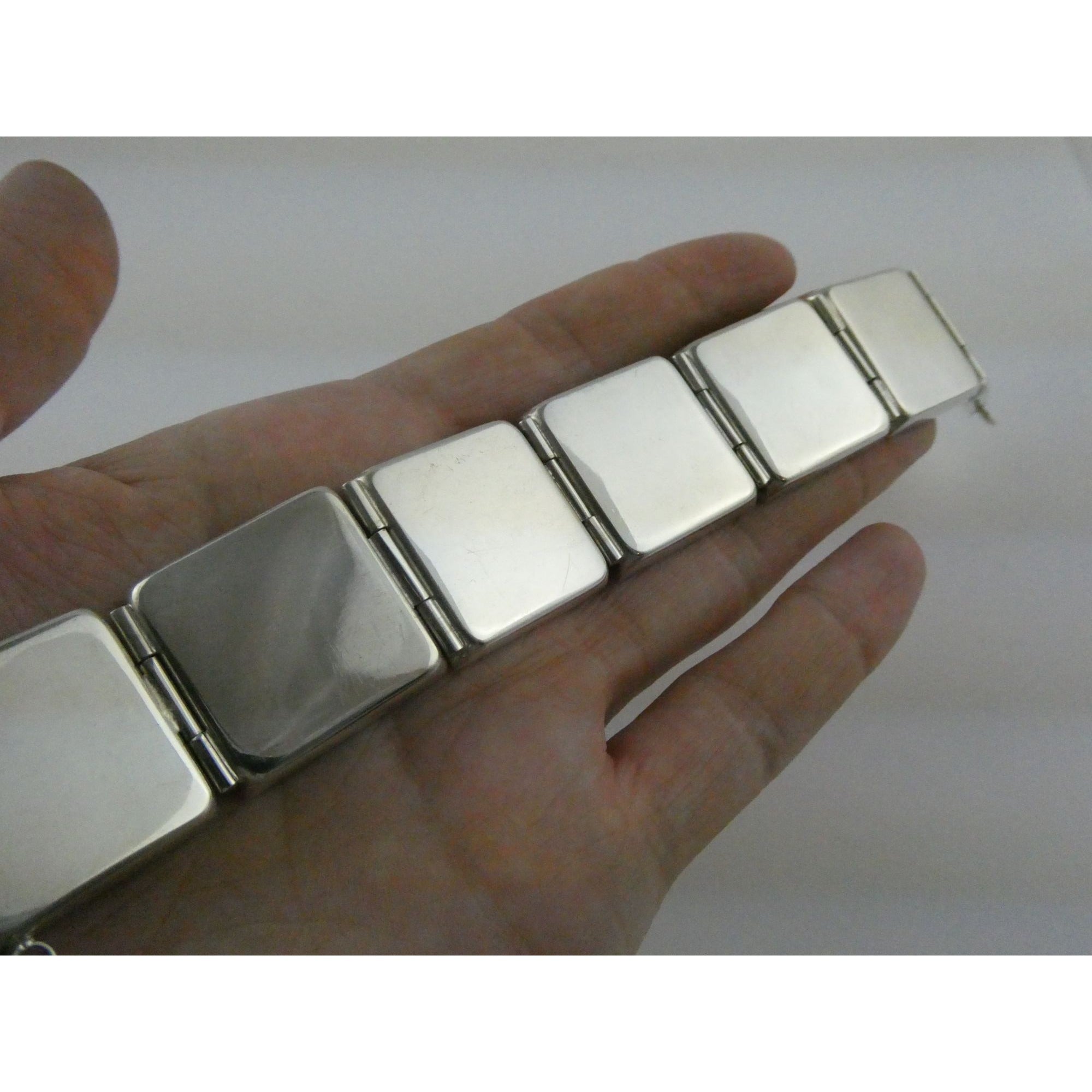 Vintage Polish Sterling Silver Amber Inlay Panel Bracelet w Safety Chain 7.25 In