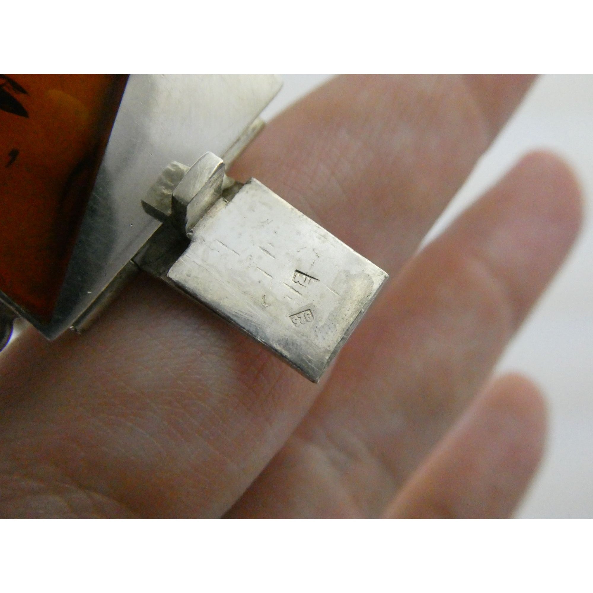 Vintage Polish Sterling Silver Amber Inlay Panel Bracelet w Safety Chain 7.25 In