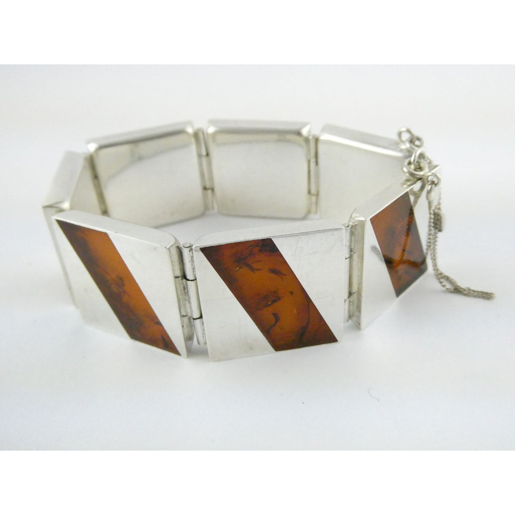 Vintage Polish Sterling Silver Amber Inlay Panel Bracelet w Safety Chain 7.25 In
