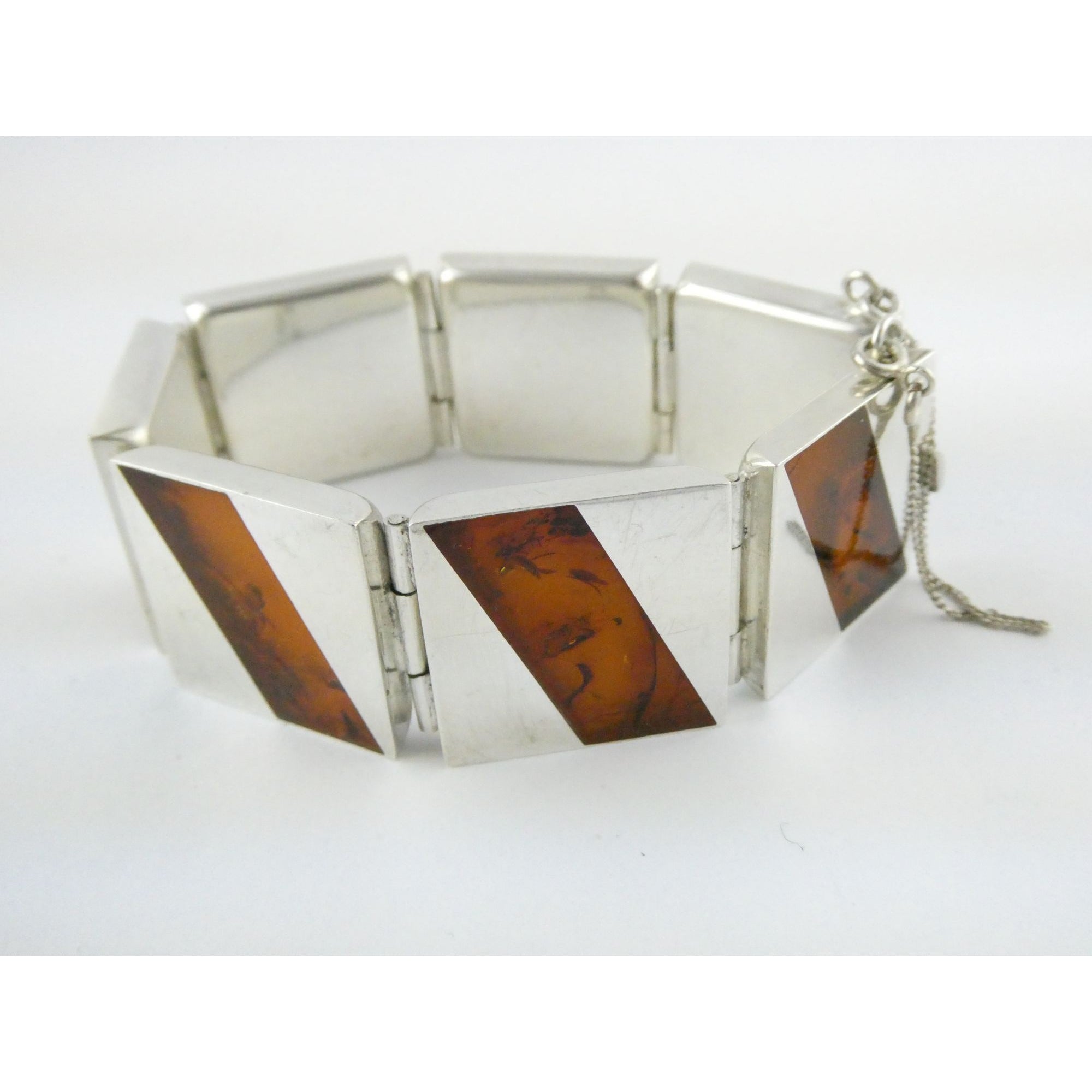 Vintage Polish Sterling Silver Amber Inlay Panel Bracelet w Safety Chain 7.25 In