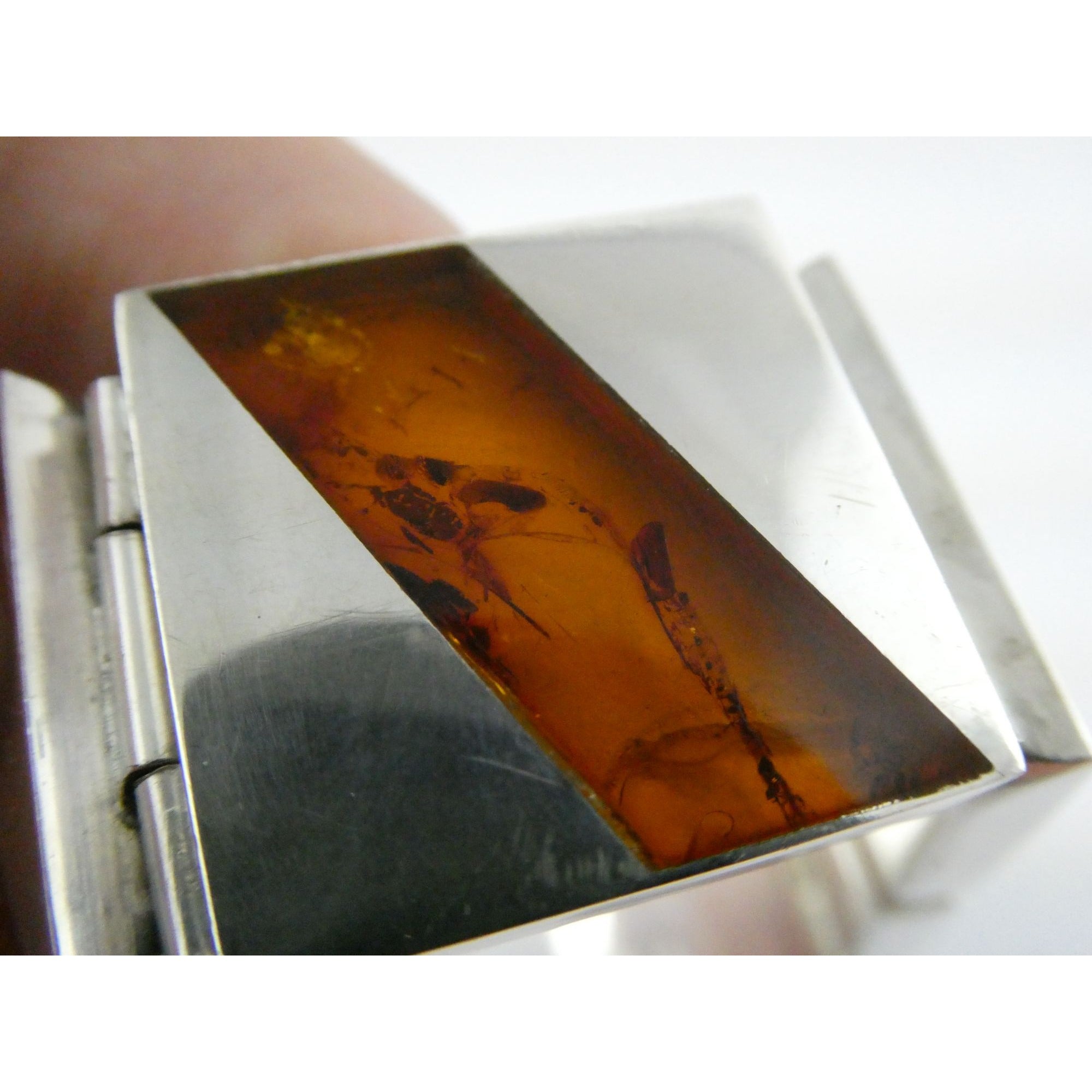 Vintage Polish Sterling Silver Amber Inlay Panel Bracelet w Safety Chain 7.25 In