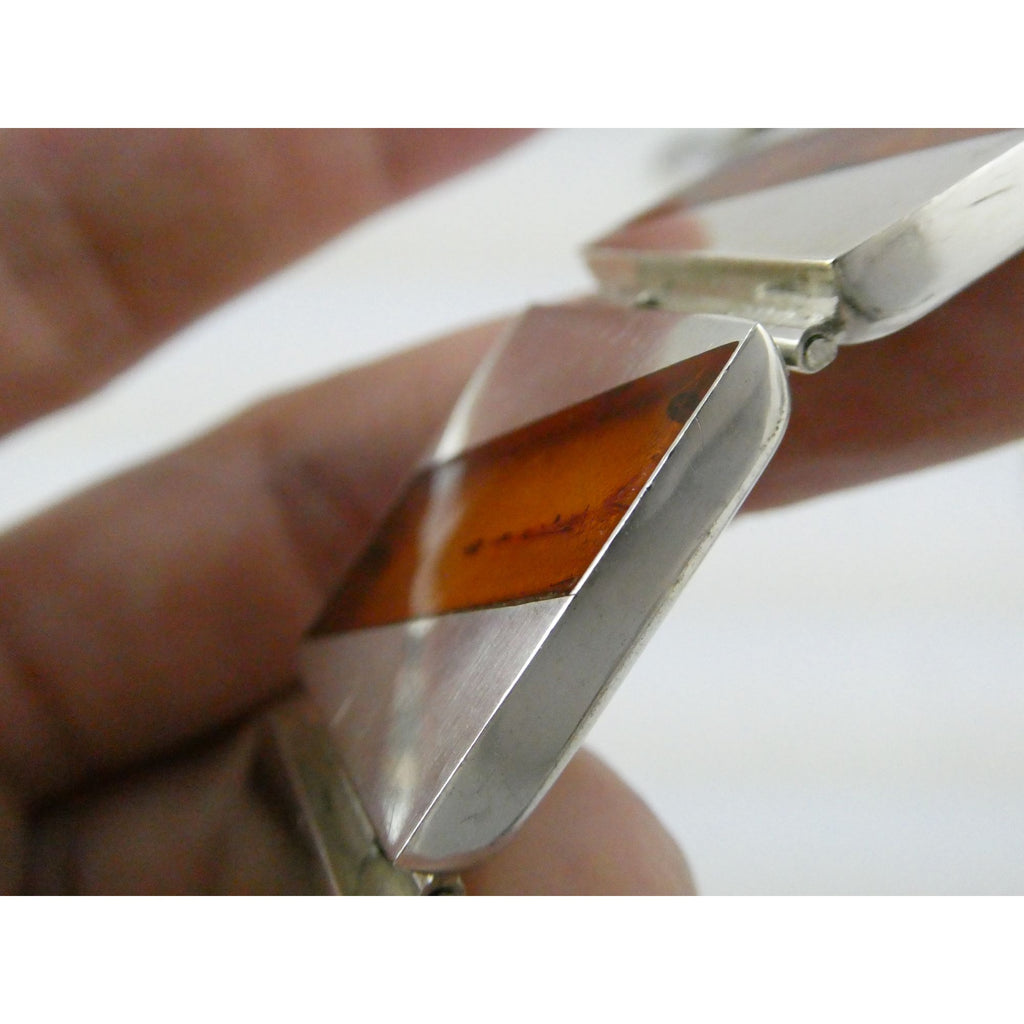 Vintage Polish Sterling Silver Amber Inlay Panel Bracelet w Safety Chain 7.25 In