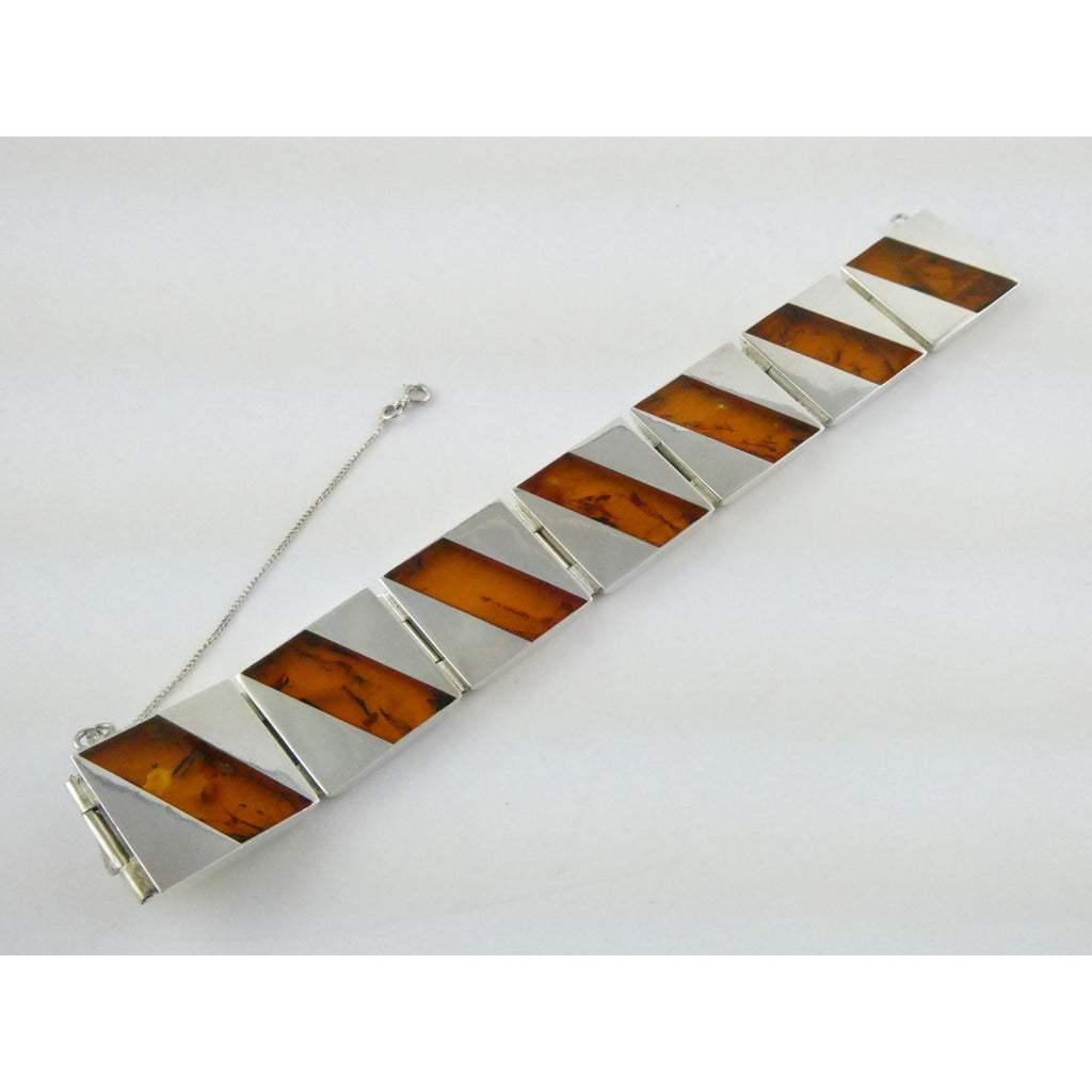 Vintage Polish Sterling Silver Amber Inlay Panel Bracelet w Safety Chain 7.25 In
