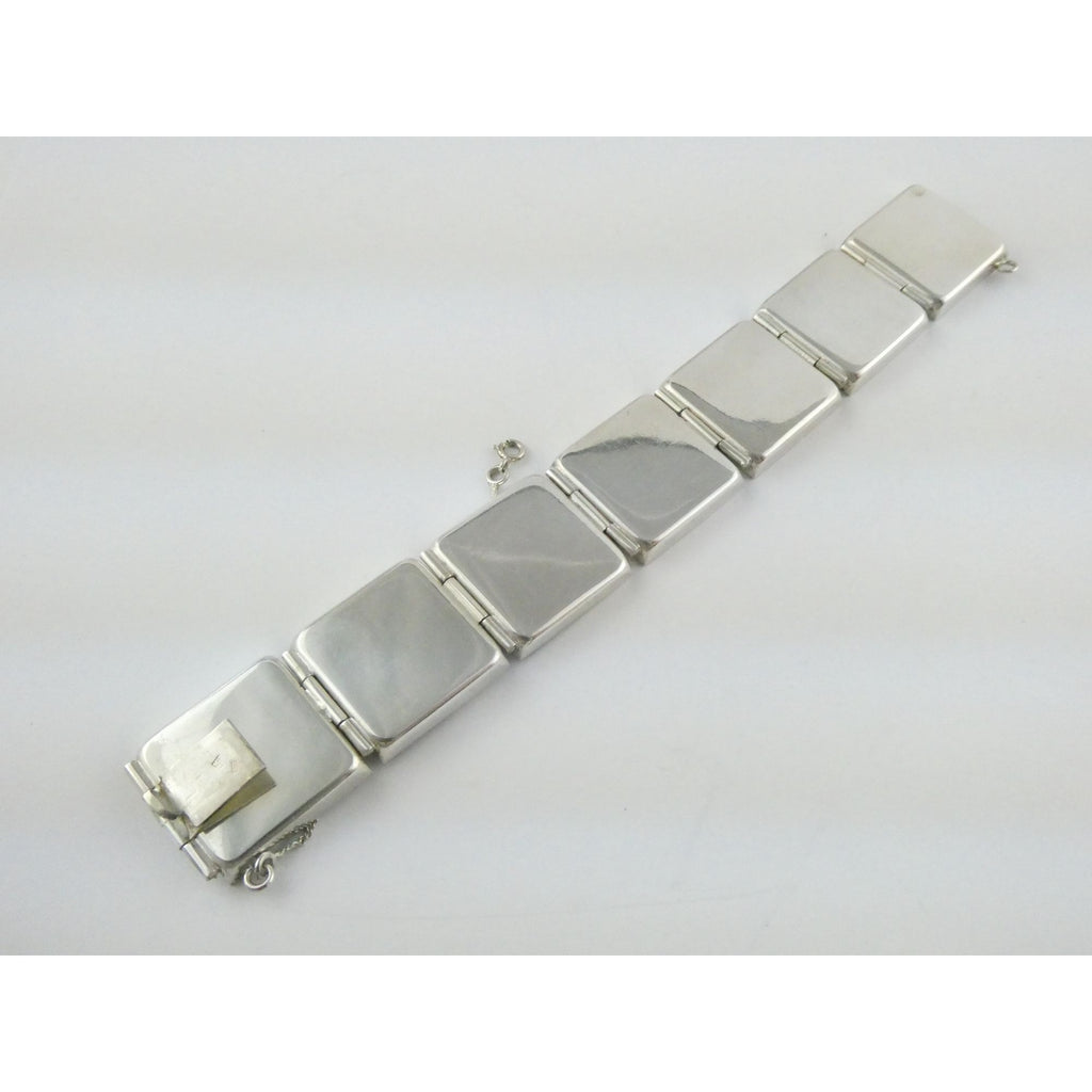 Vintage Polish Sterling Silver Amber Inlay Panel Bracelet w Safety Chain 7.25 In