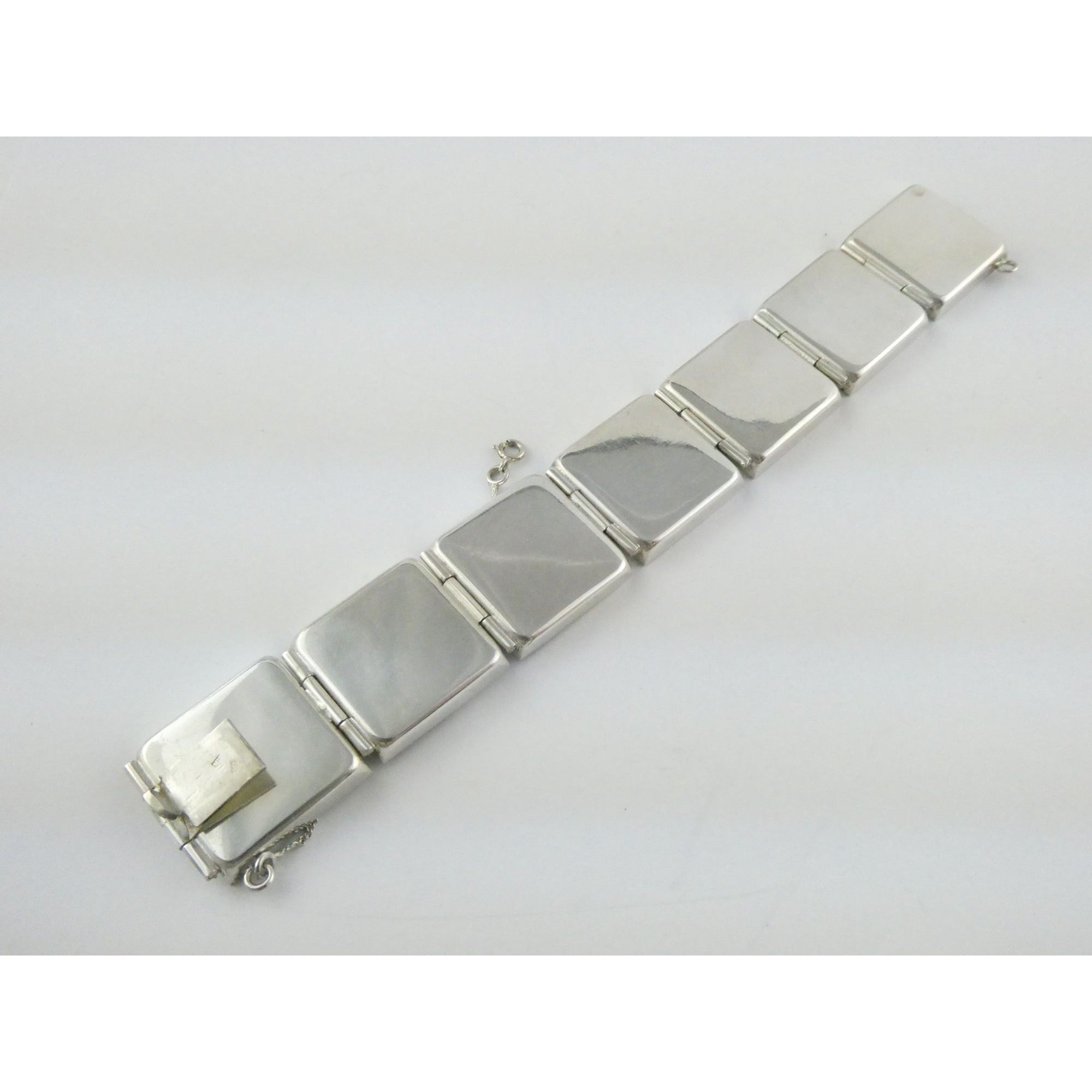 Vintage Polish Sterling Silver Amber Inlay Panel Bracelet w Safety Chain 7.25 In