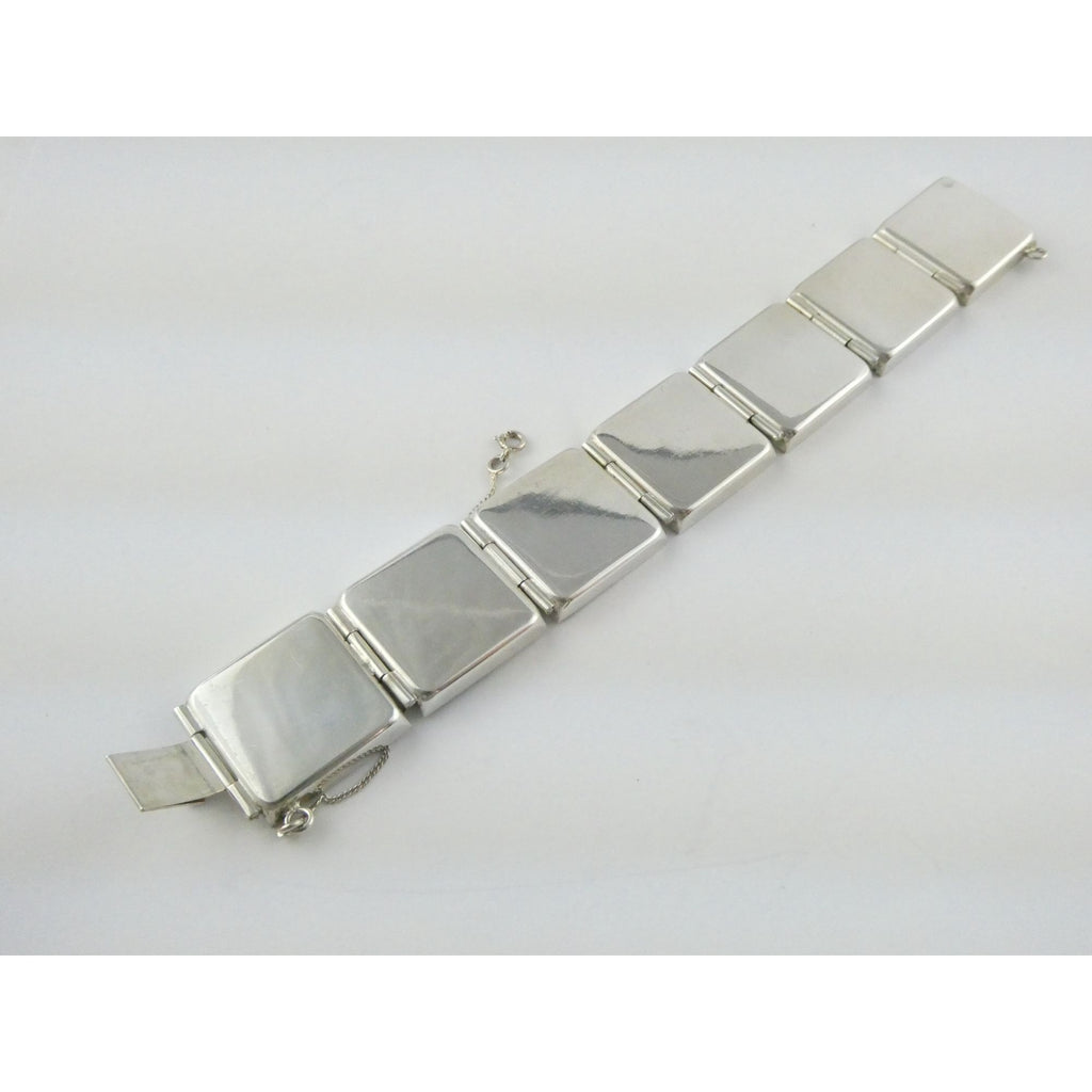 Vintage Polish Sterling Silver Amber Inlay Panel Bracelet w Safety Chain 7.25 In