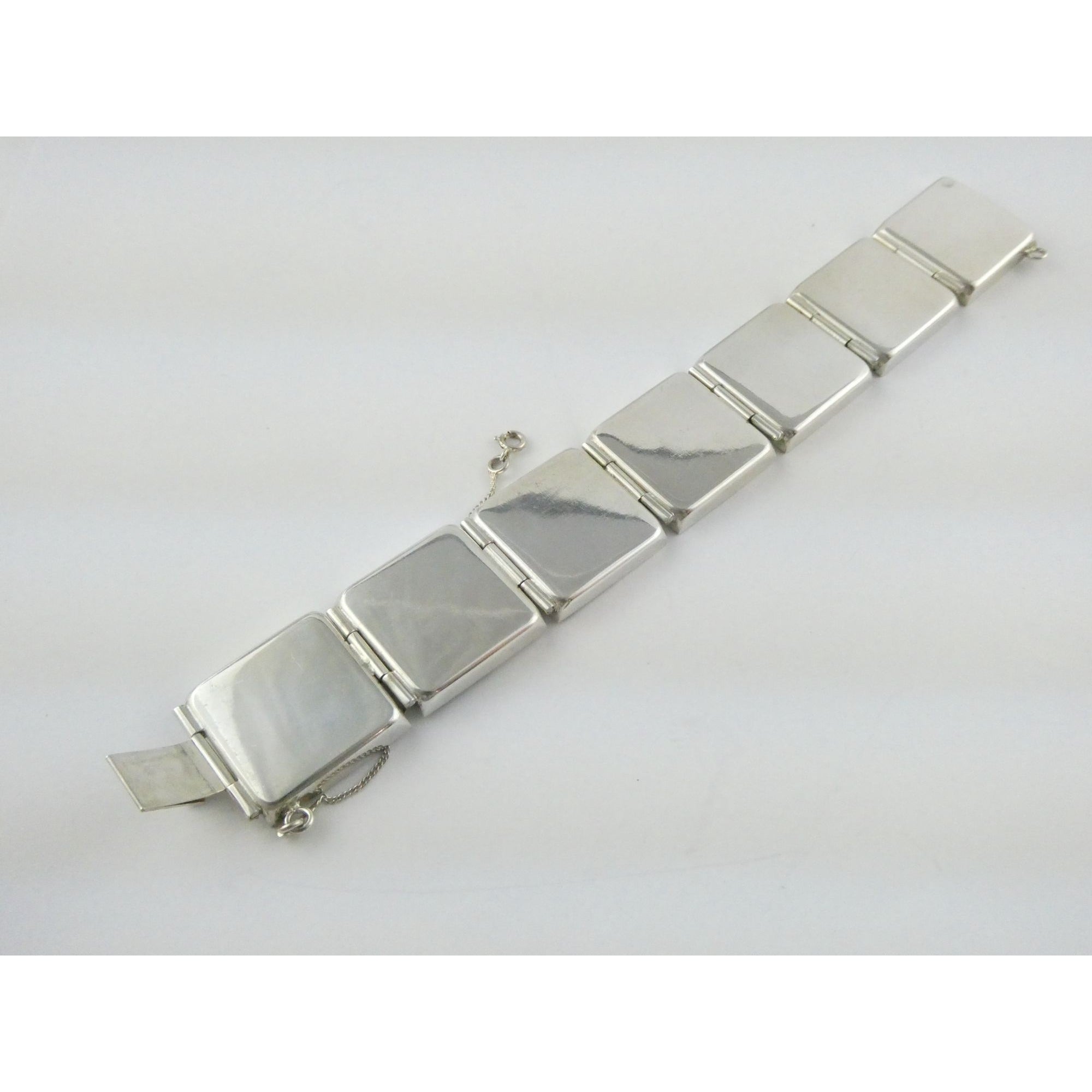 Vintage Polish Sterling Silver Amber Inlay Panel Bracelet w Safety Chain 7.25 In