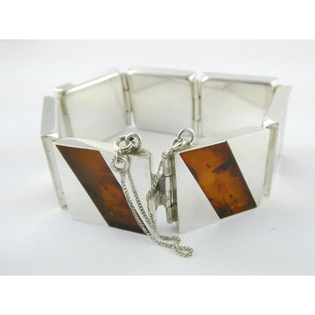Vintage Polish Sterling Silver Amber Inlay Panel Bracelet w Safety Chain 7.25 In