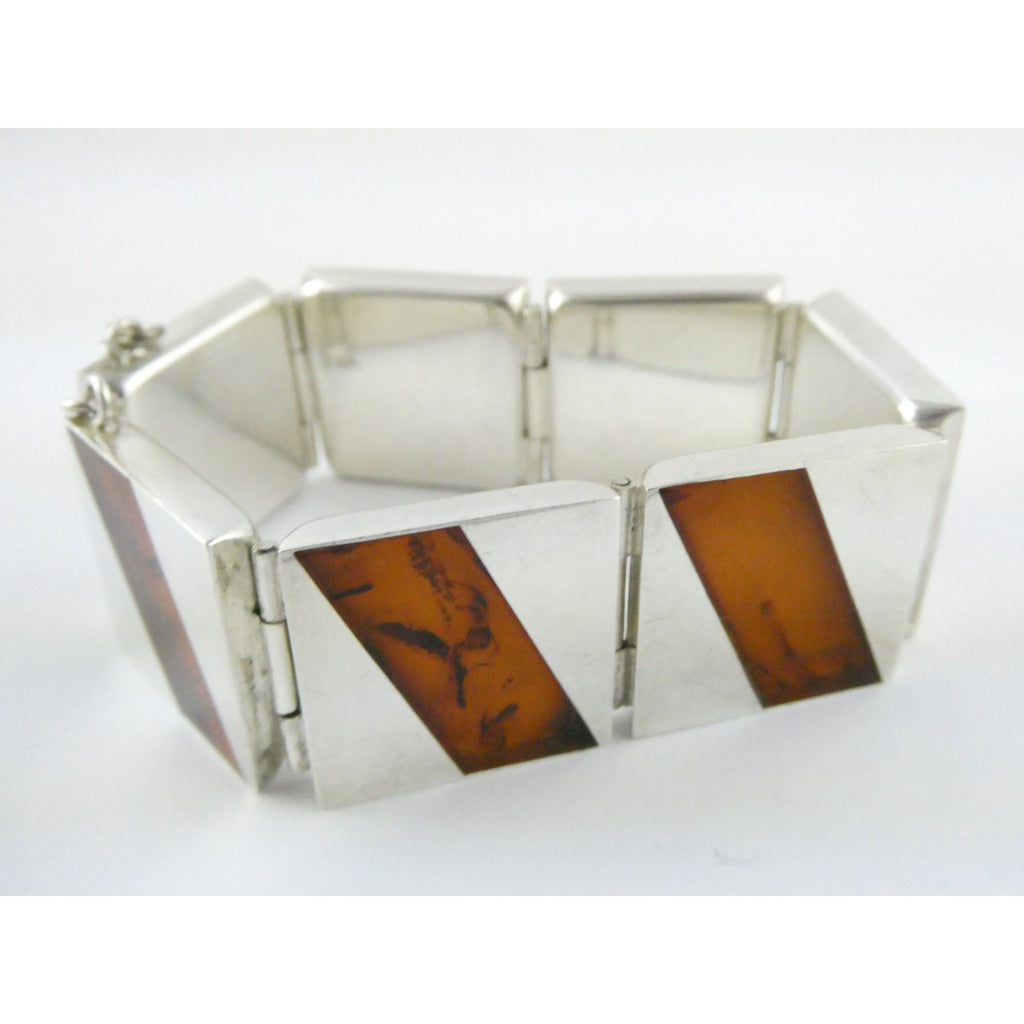 Vintage Polish Sterling Silver Amber Inlay Panel Bracelet w Safety Chain 7.25 In