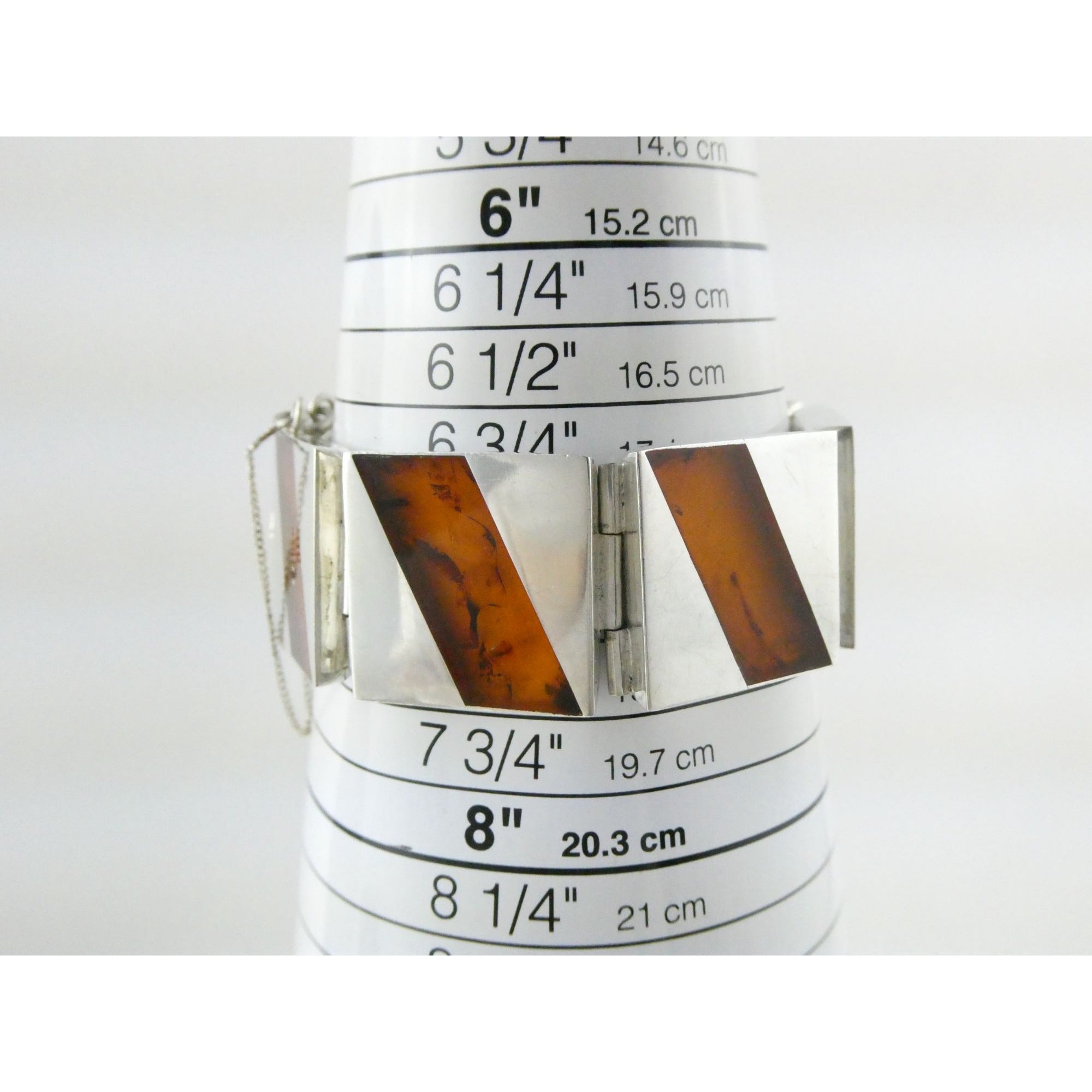 Vintage Polish Sterling Silver Amber Inlay Panel Bracelet w Safety Chain 7.25 In