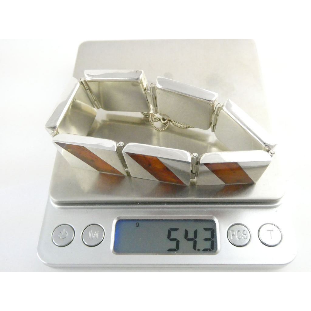 Vintage Polish Sterling Silver Amber Inlay Panel Bracelet w Safety Chain 7.25 In