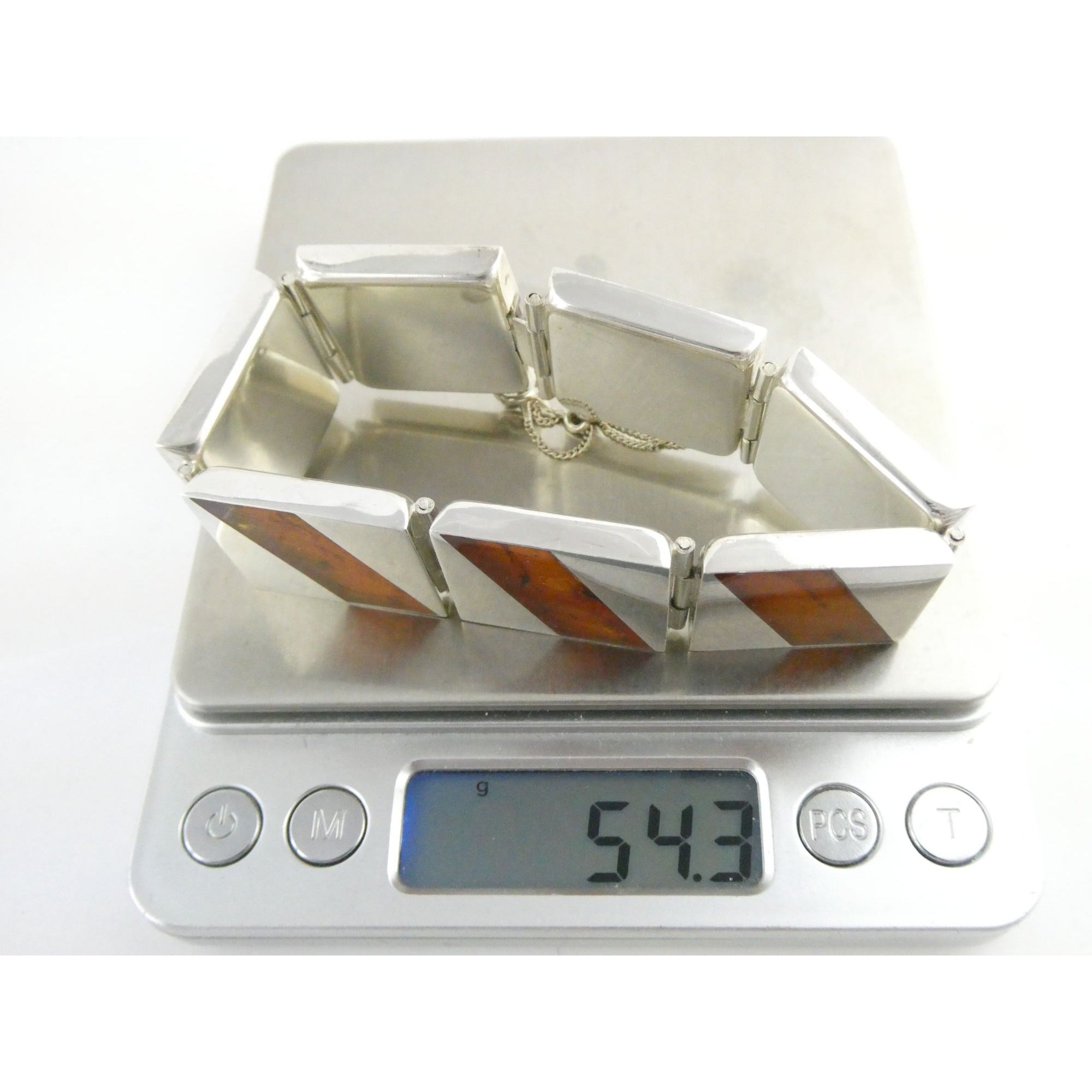 Vintage Polish Sterling Silver Amber Inlay Panel Bracelet w Safety Chain 7.25 In