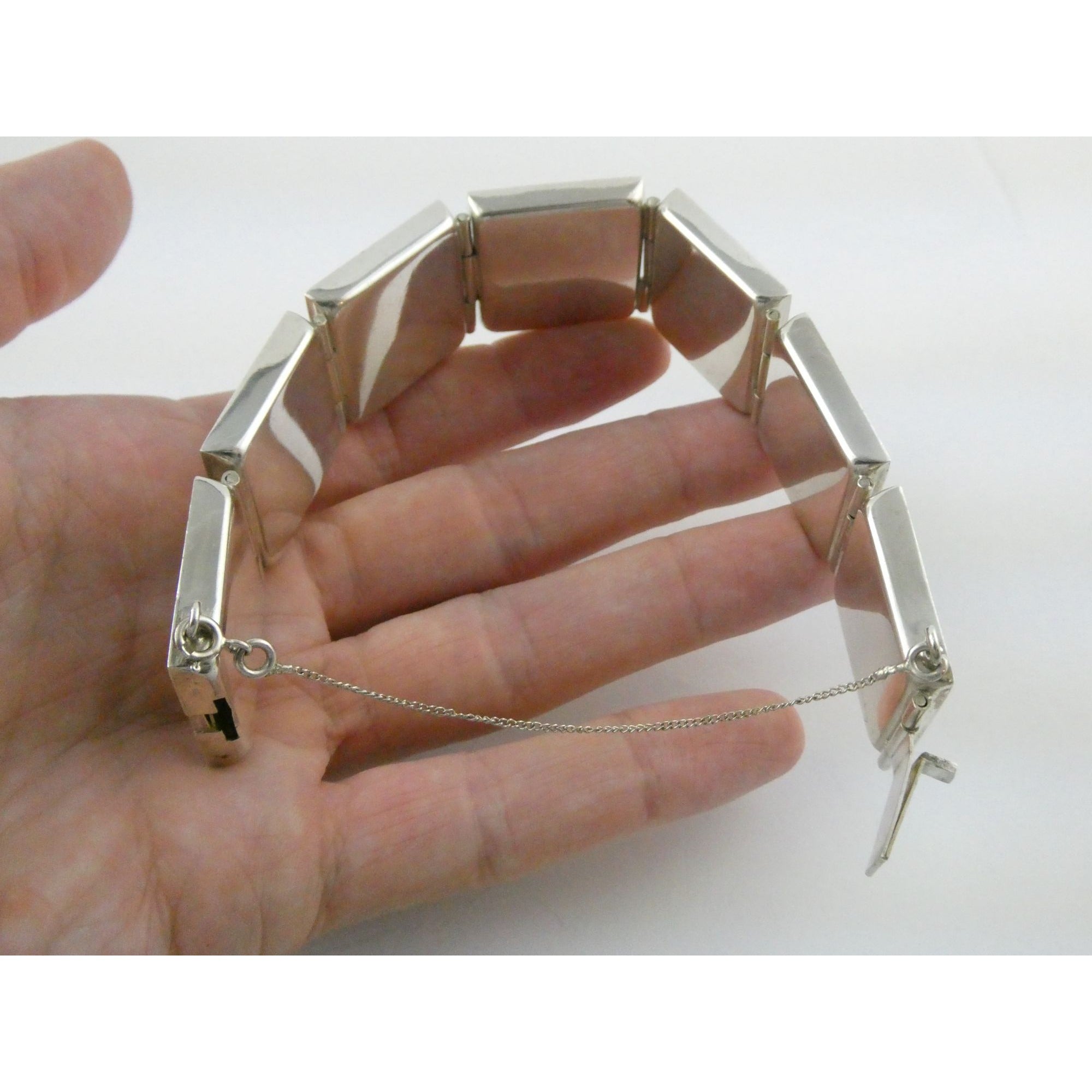 Vintage Polish Sterling Silver Amber Inlay Panel Bracelet w Safety Chain 7.25 In