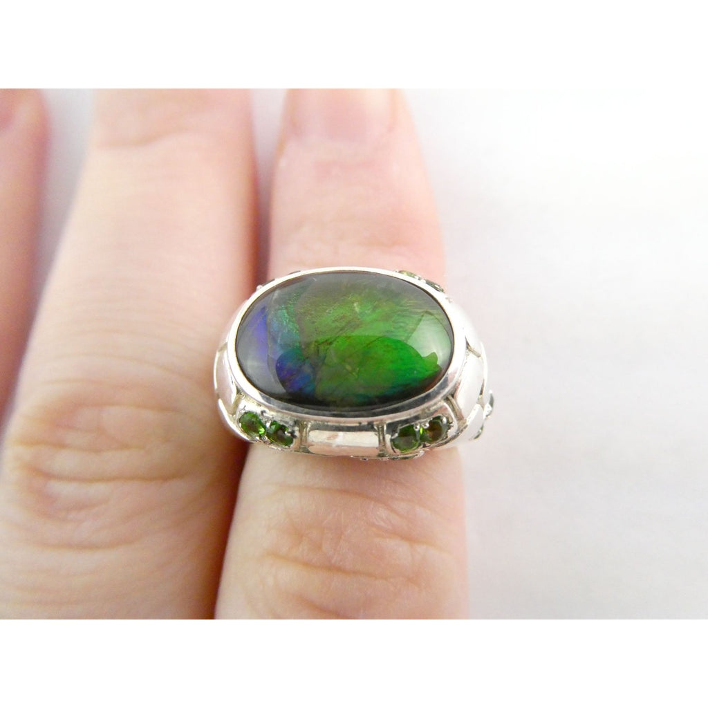 Designer Sterling Silver Quartz Ammolite Doublet with Peridot Accents Ring Sz 5