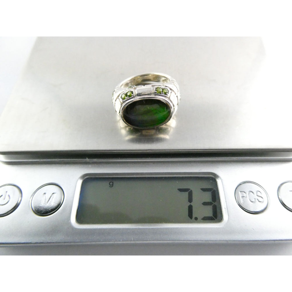 Designer Sterling Silver Quartz Ammolite Doublet with Peridot Accents Ring Sz 5