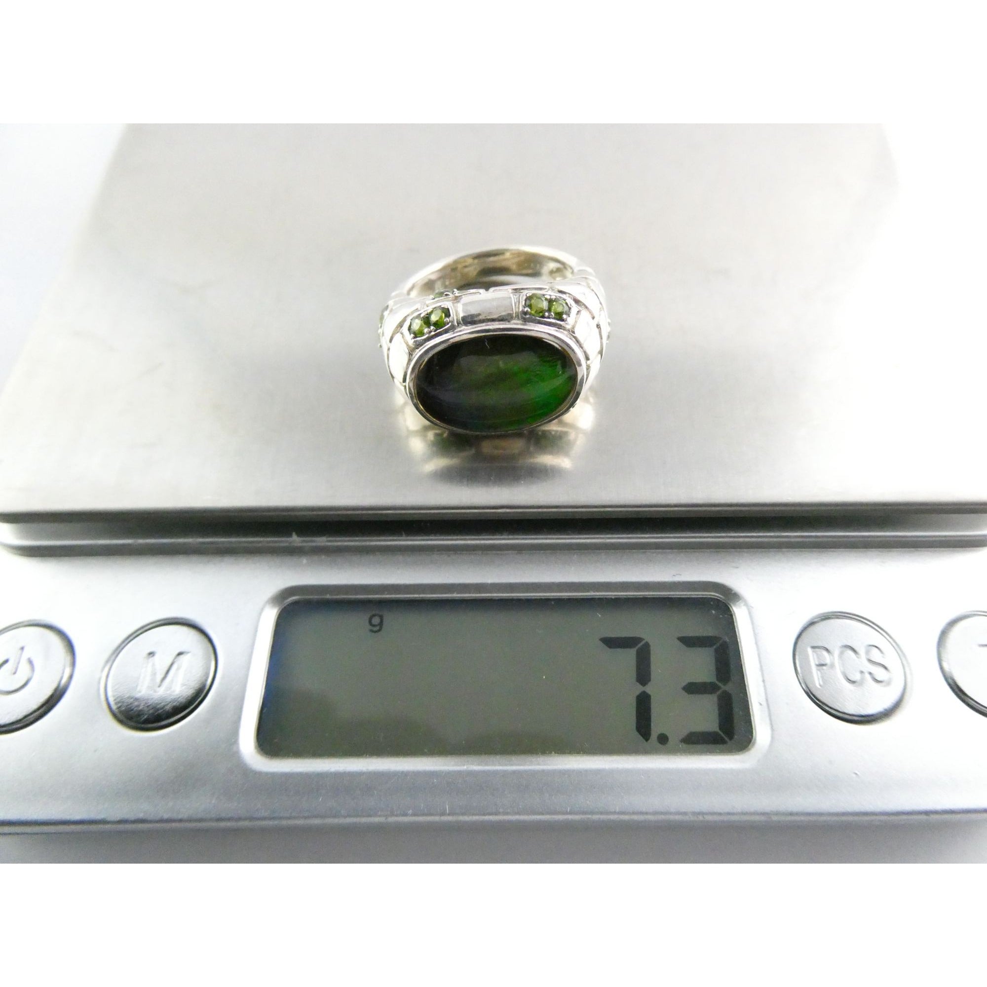 Designer Sterling Silver Quartz Ammolite Doublet with Peridot Accents Ring Sz 5