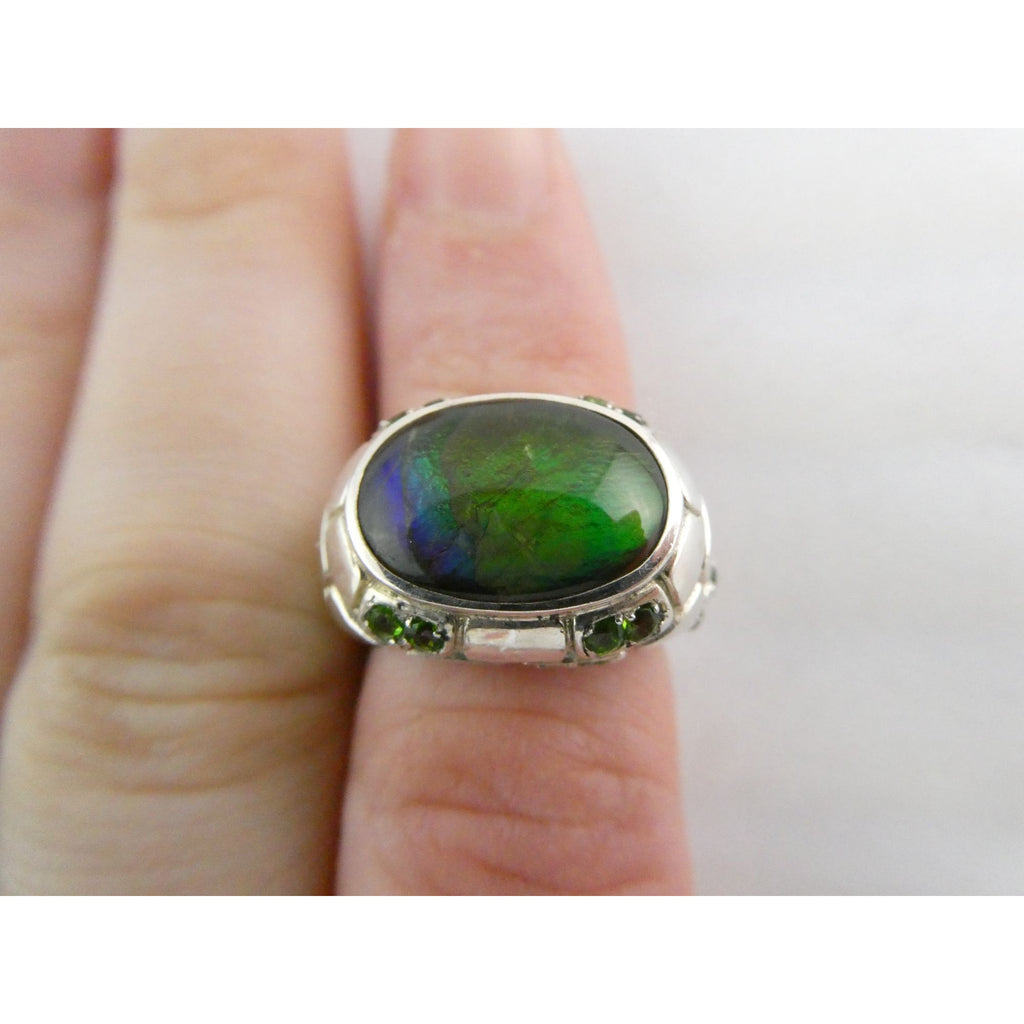 Designer Sterling Silver Quartz Ammolite Doublet with Peridot Accents Ring Sz 5