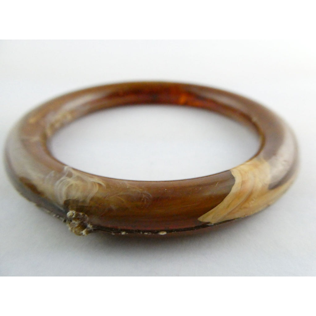 Vintage Pressed Plastic Chunky Brown Swirl Bangle Bracelet 7.25 Inch Fit 14.7g