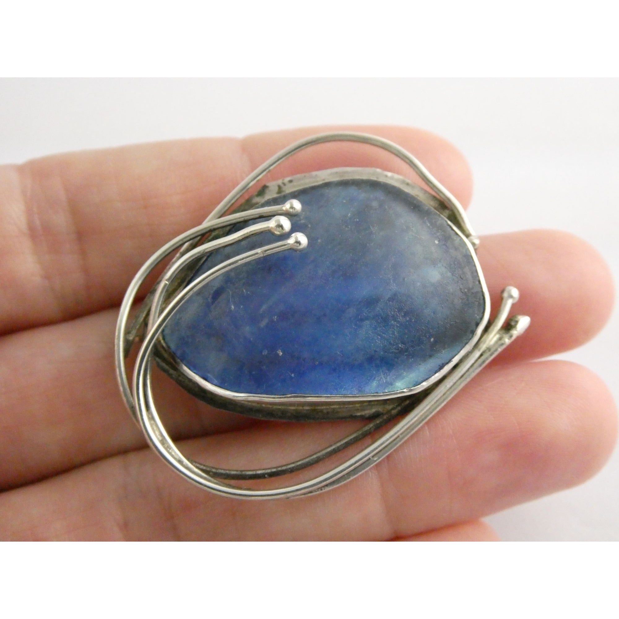 Jaun Signed Sterling Silver Blue Roman Glass Pin Pendant 11.3g 1.75 Inch Length