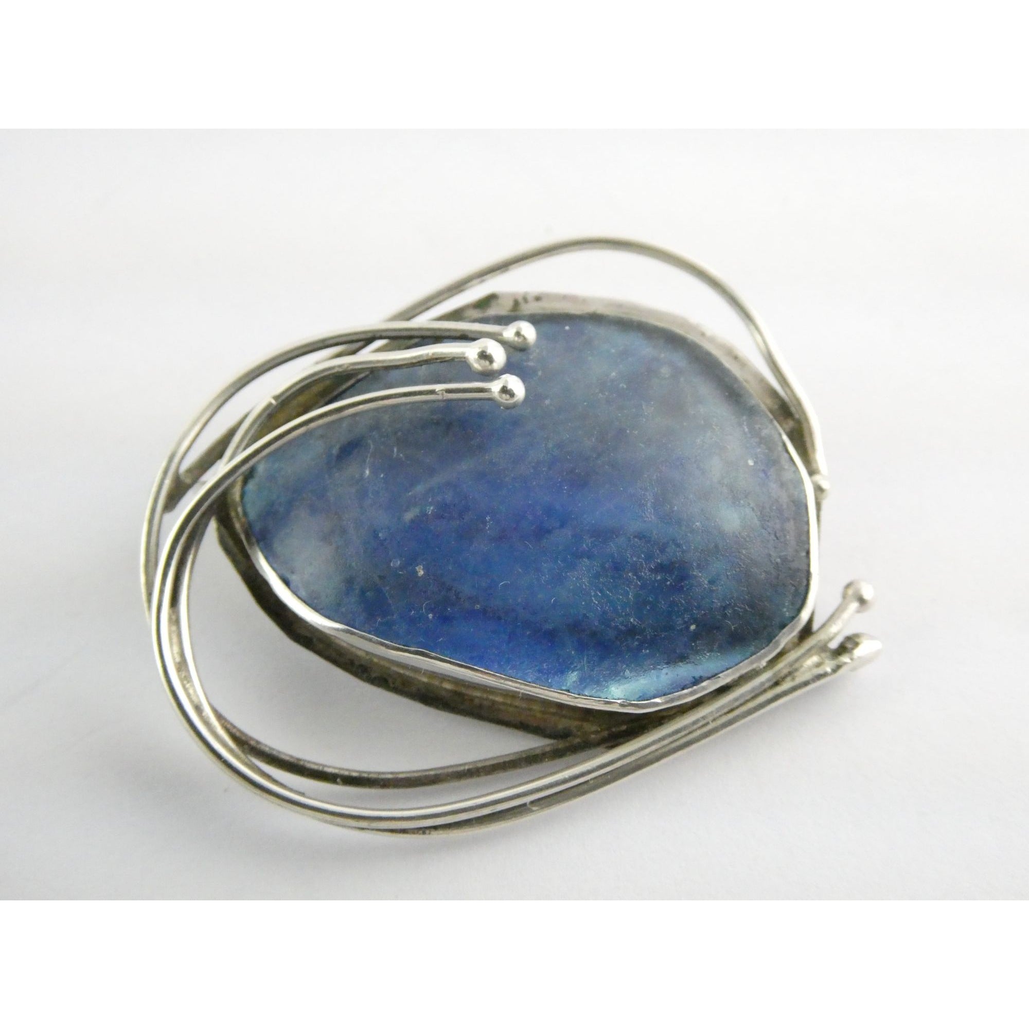 Jaun Signed Sterling Silver Blue Roman Glass Pin Pendant 11.3g 1.75 Inch Length