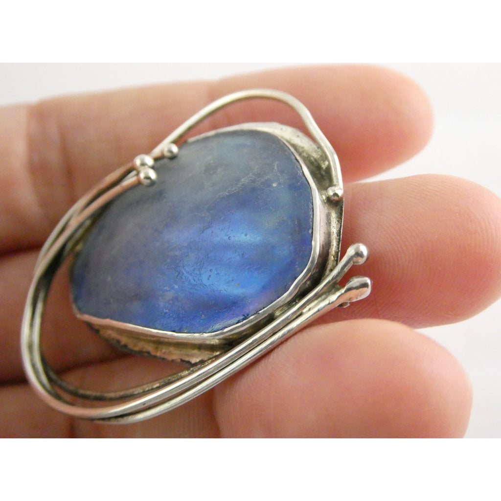 Jaun Signed Sterling Silver Blue Roman Glass Pin Pendant 11.3g 1.75 Inch Length