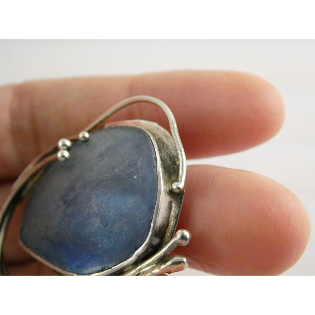 Jaun Signed Sterling Silver Blue Roman Glass Pin Pendant 11.3g 1.75 Inch Length