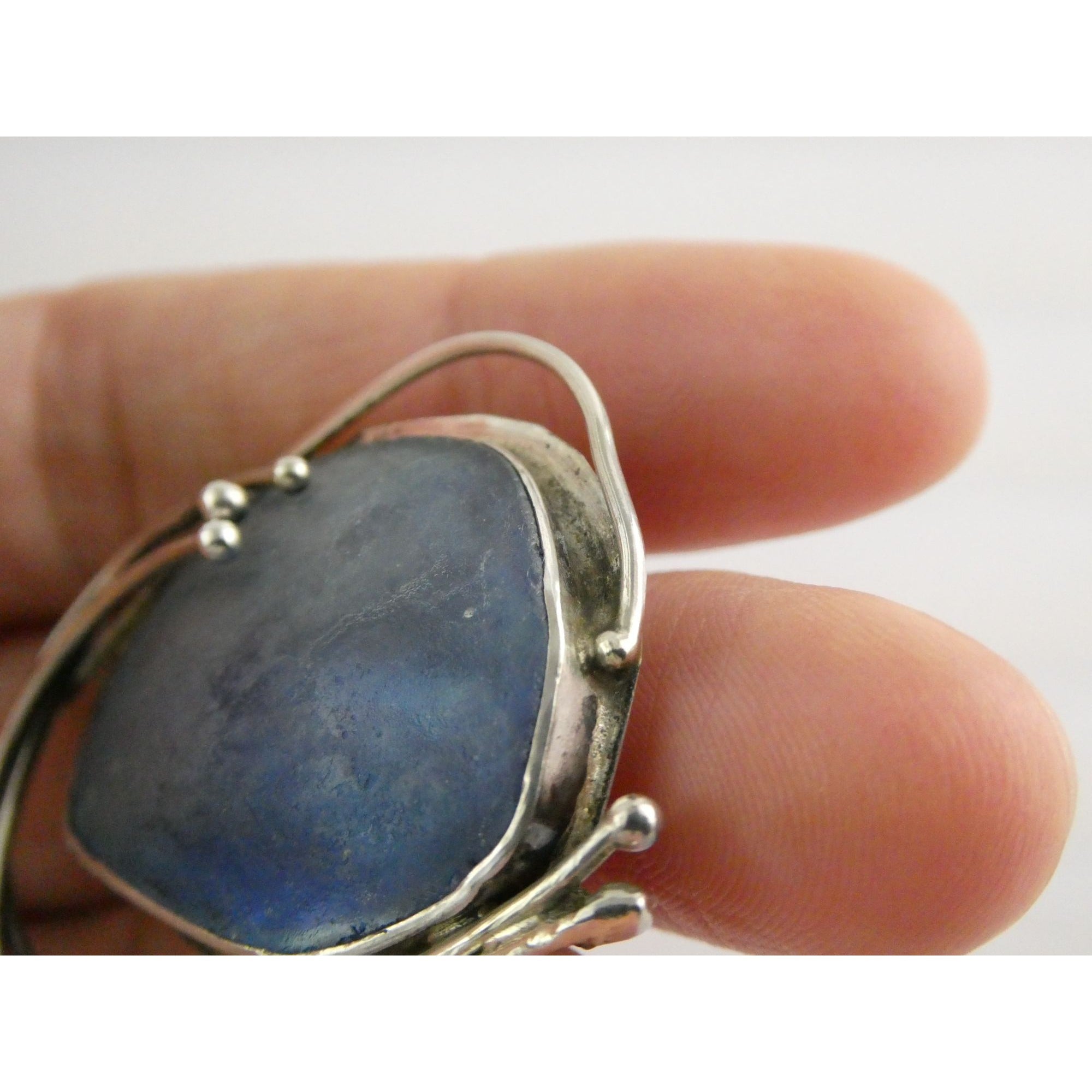 Jaun Signed Sterling Silver Blue Roman Glass Pin Pendant 11.3g 1.75 Inch Length