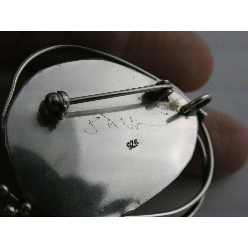 Jaun Signed Sterling Silver Blue Roman Glass Pin Pendant 11.3g 1.75 Inch Length
