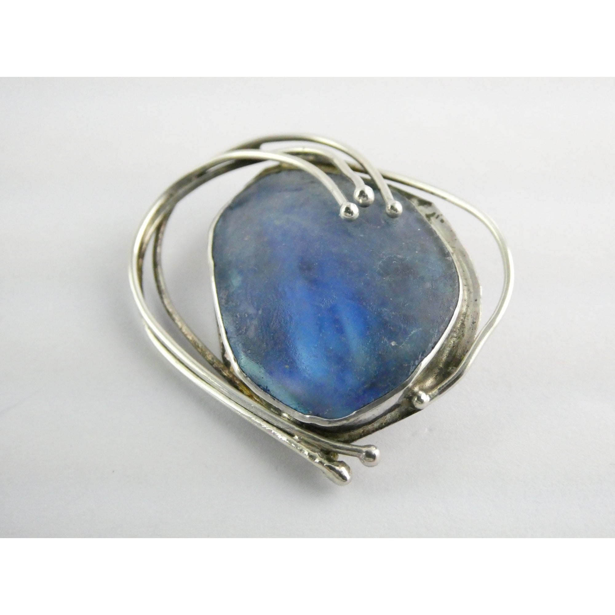 Jaun Signed Sterling Silver Blue Roman Glass Pin Pendant 11.3g 1.75 Inch Length