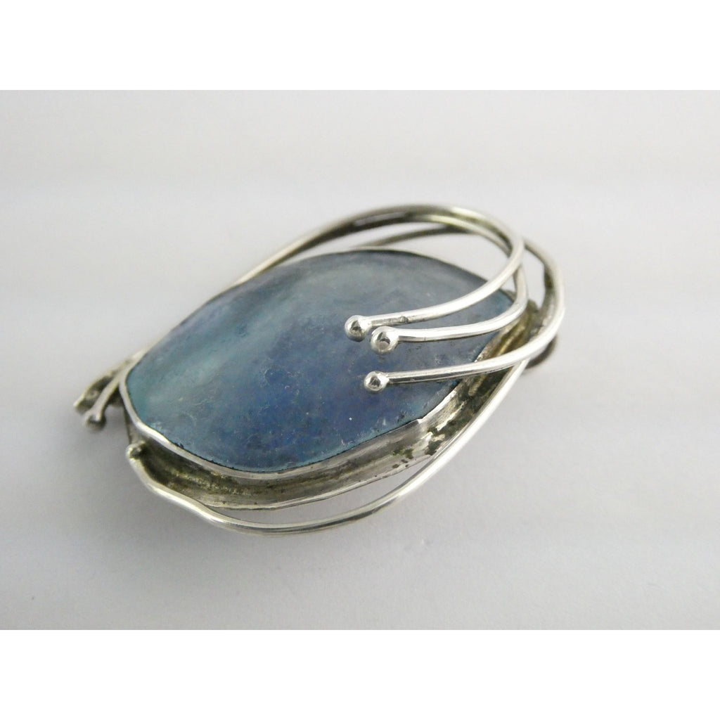 Jaun Signed Sterling Silver Blue Roman Glass Pin Pendant 11.3g 1.75 Inch Length