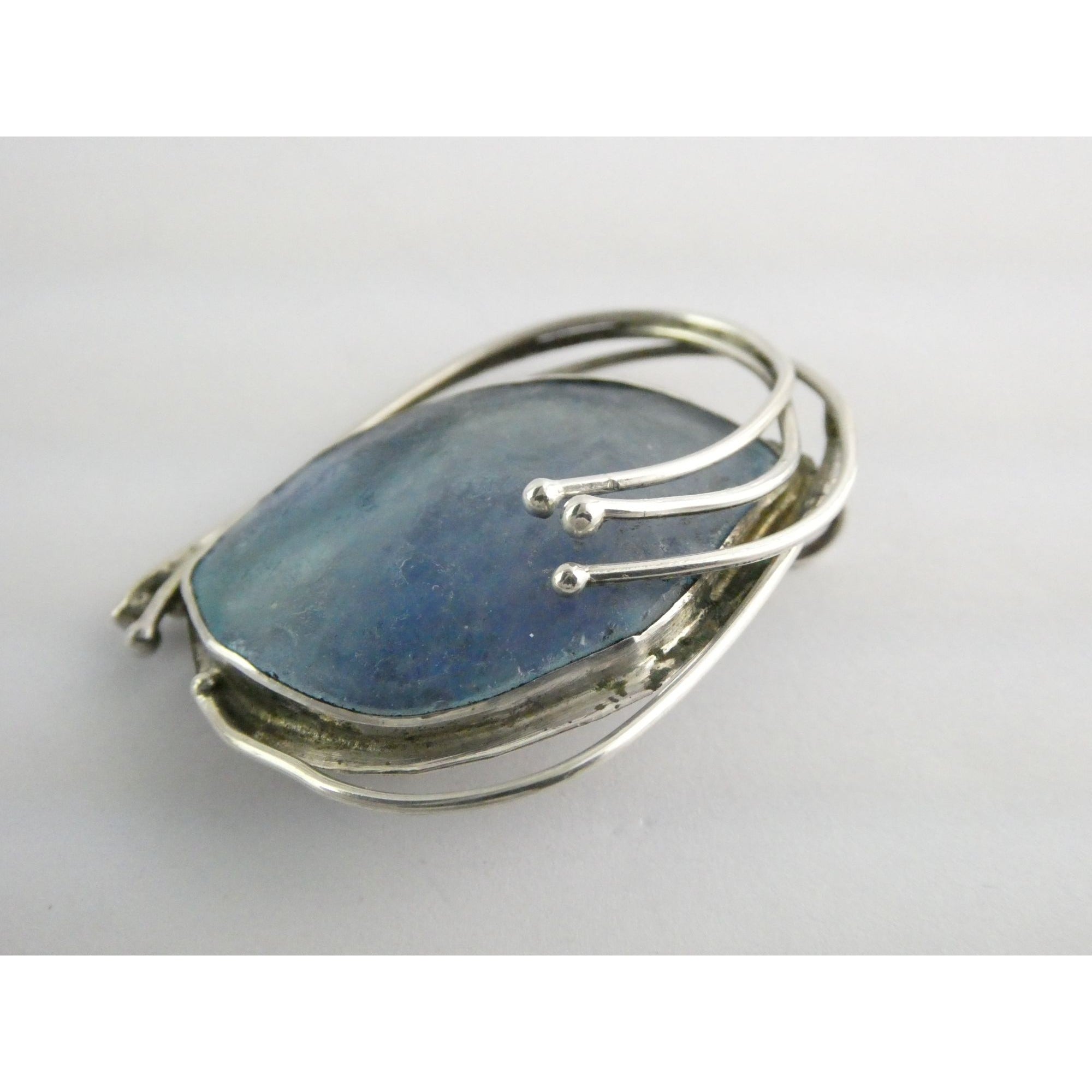 Jaun Signed Sterling Silver Blue Roman Glass Pin Pendant 11.3g 1.75 Inch Length