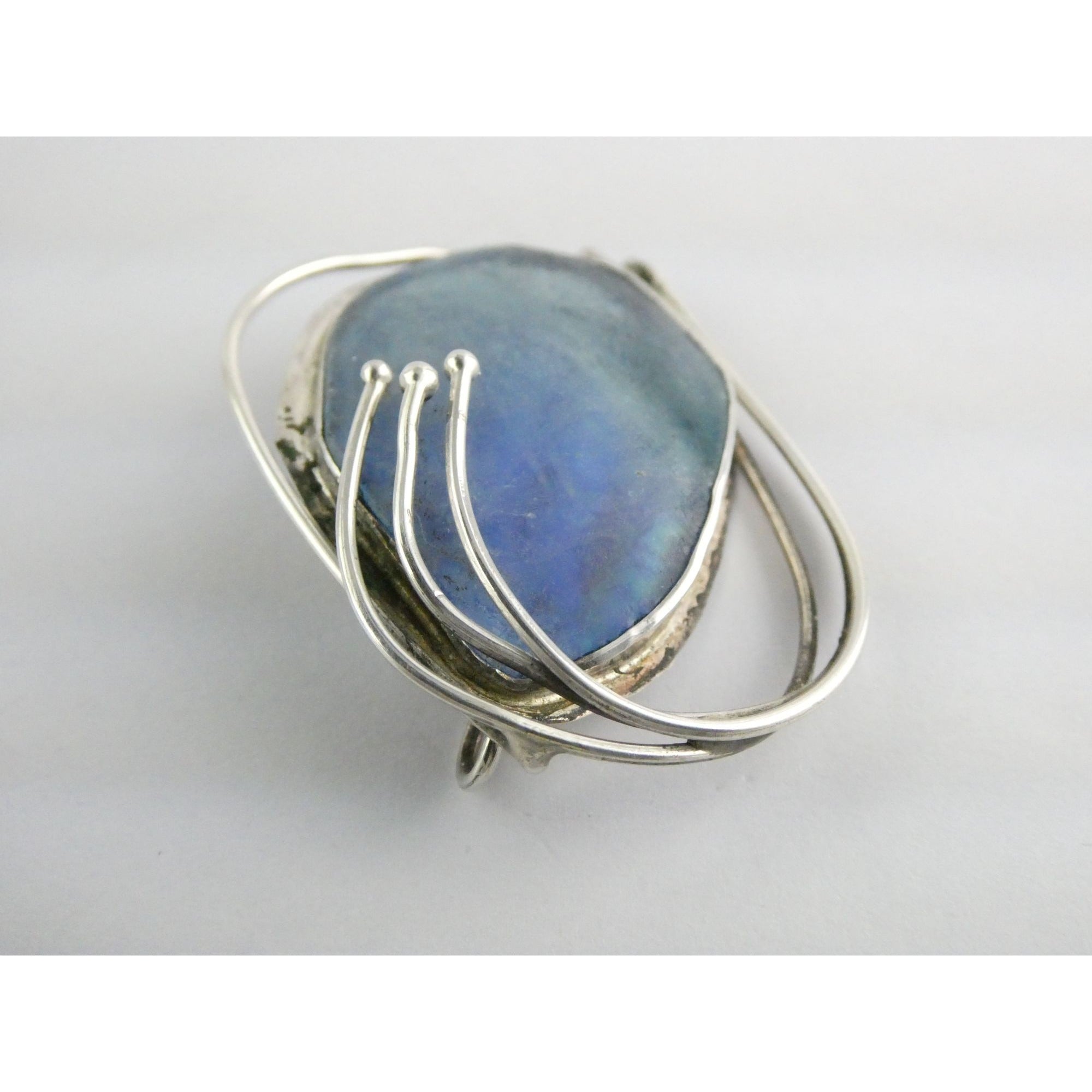 Jaun Signed Sterling Silver Blue Roman Glass Pin Pendant 11.3g 1.75 Inch Length