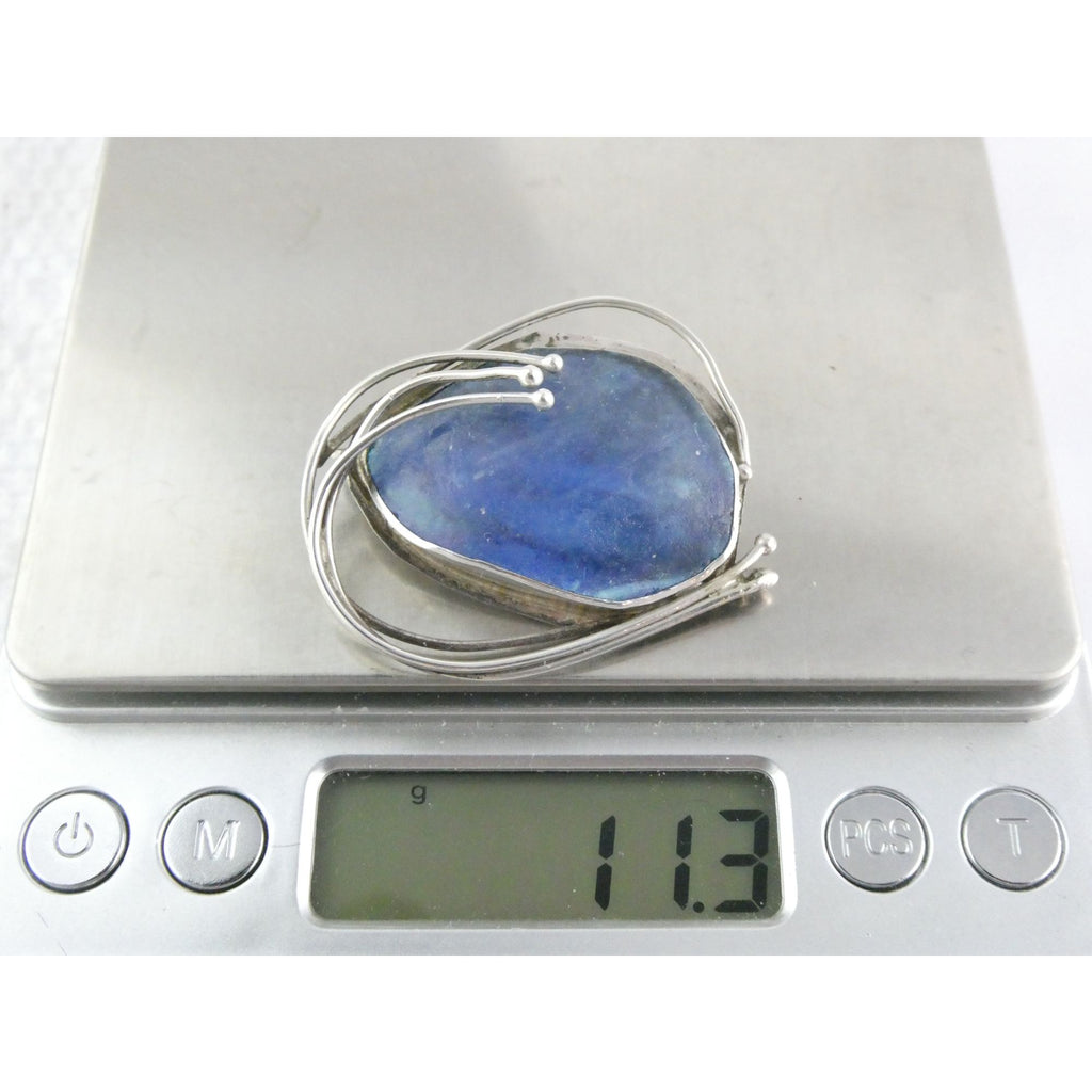 Jaun Signed Sterling Silver Blue Roman Glass Pin Pendant 11.3g 1.75 Inch Length