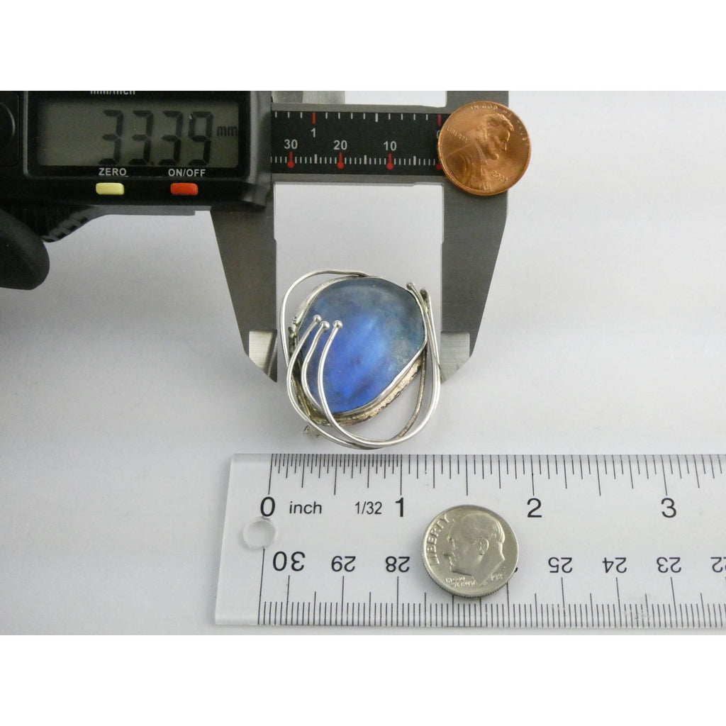 Jaun Signed Sterling Silver Blue Roman Glass Pin Pendant 11.3g 1.75 Inch Length