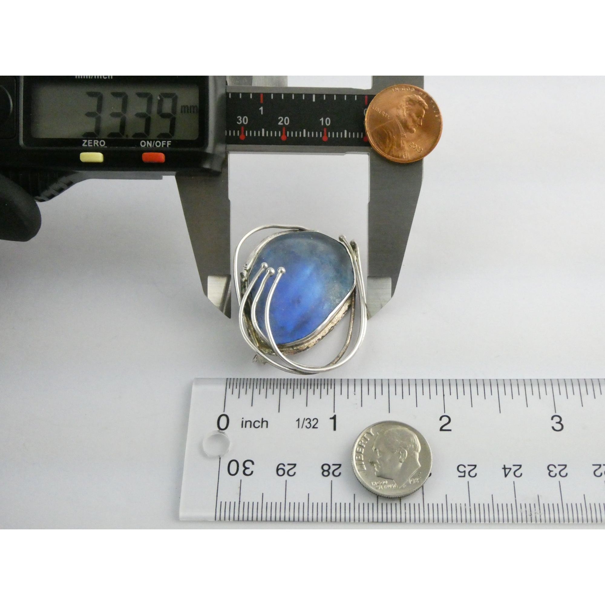 Jaun Signed Sterling Silver Blue Roman Glass Pin Pendant 11.3g 1.75 Inch Length