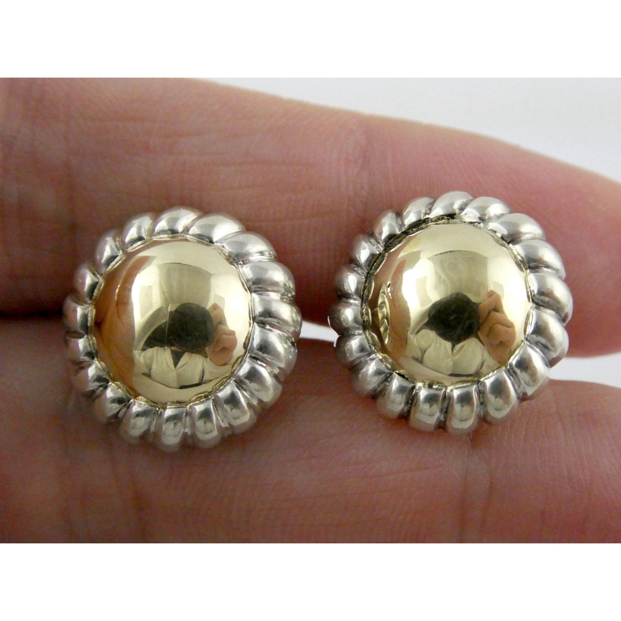 SU Sterling Silver and 14k Gold Rope Edge Circular Stud Earrings 16.76mm 4.6g