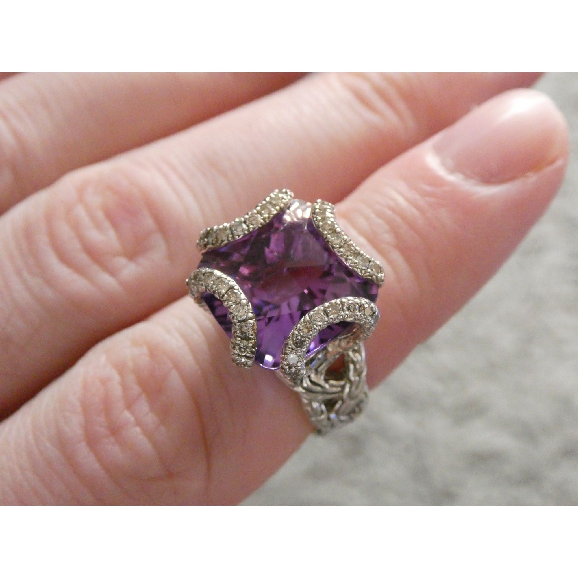 John Hardy Woven Cable Sterling Silver Amethyst and Diamond Ring Size 4.75 10g