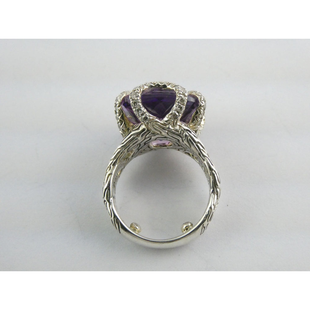 John Hardy Woven Cable Sterling Silver Amethyst and Diamond Ring Size 4.75 10g
